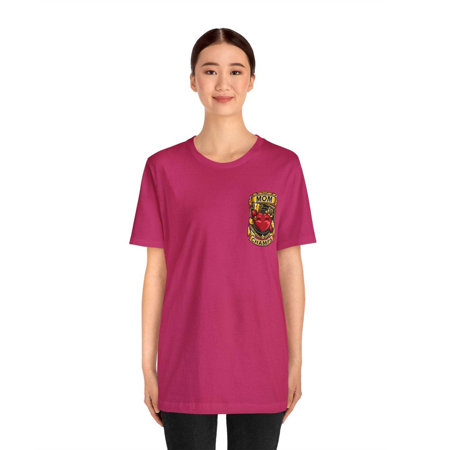 Mom Champs! (Small Front Logo & Back Design) - Unisex Jersey Short Sleeve Tee (Bella+Canvas)