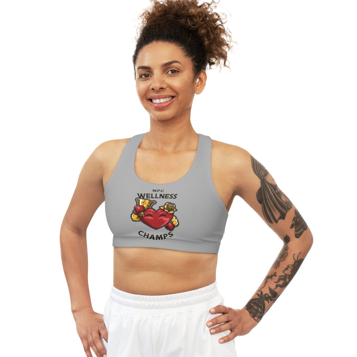 NPC WELLNESS CHAMPS (Gray) - Seamless Sports Bra (AOP)