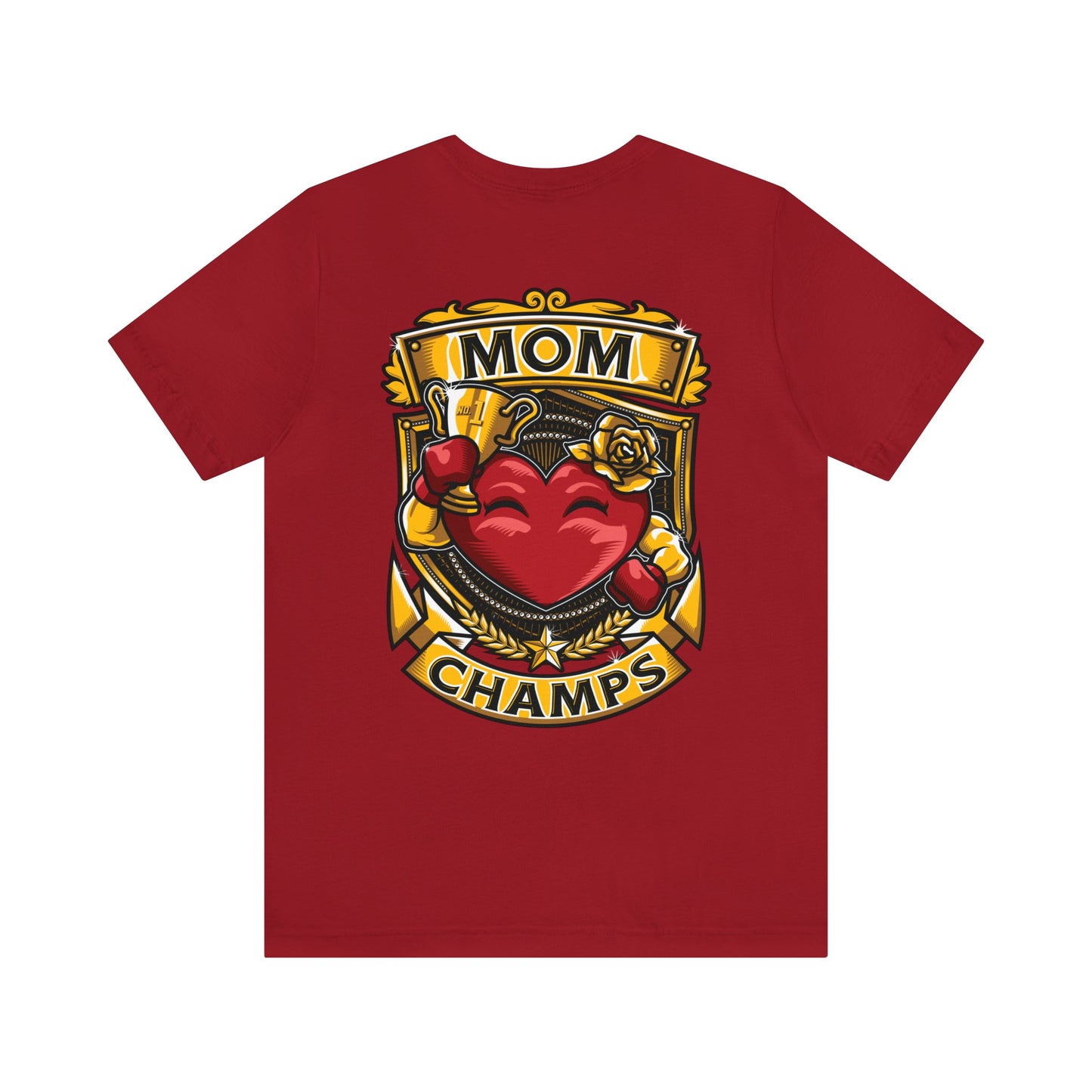 Mom Champs! (Small Front Logo & Back Design) - Unisex Jersey Short Sleeve Tee (Bella+Canvas)