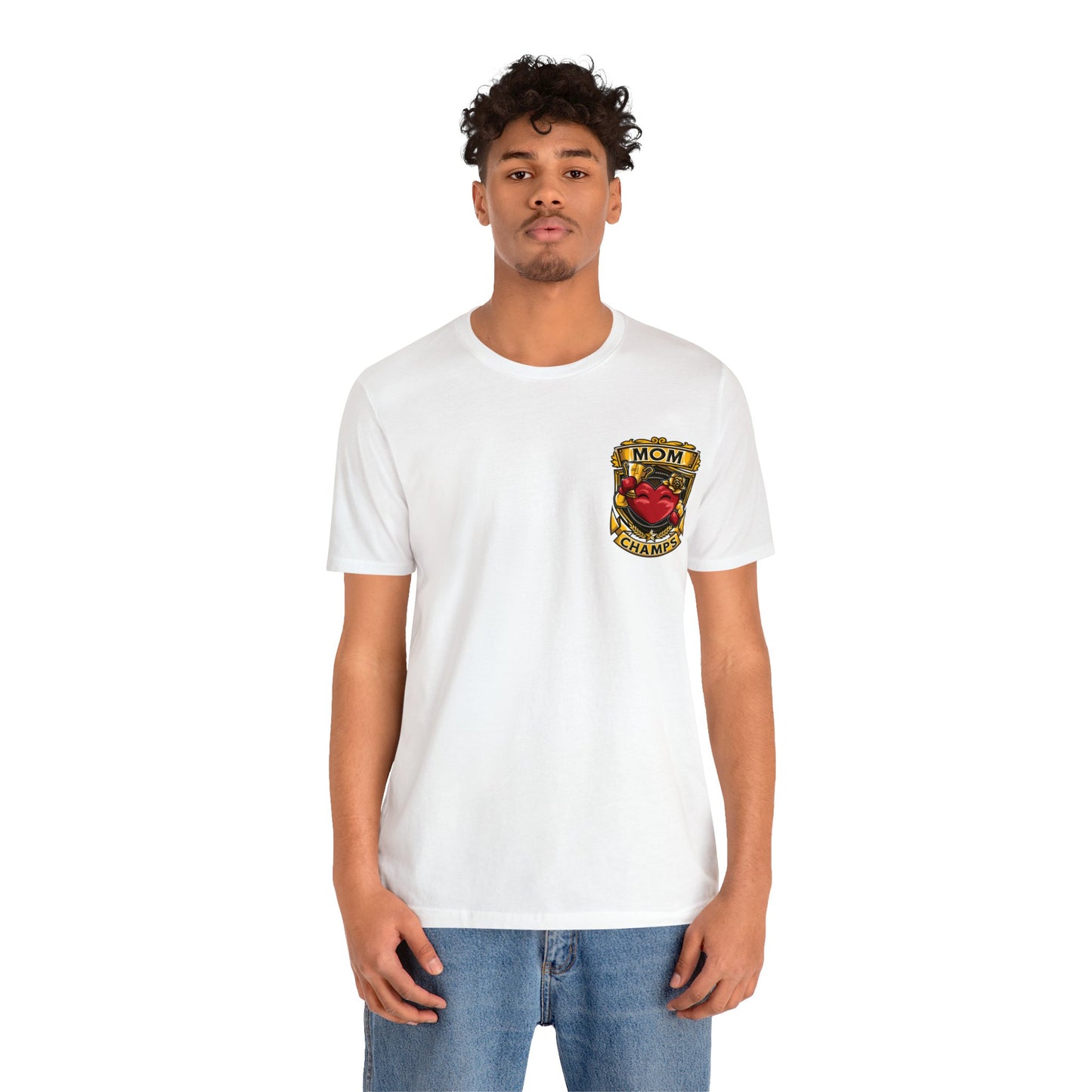 Mom Champs! (Small Front Logo & Back Design) - Unisex Jersey Short Sleeve Tee (Bella+Canvas)