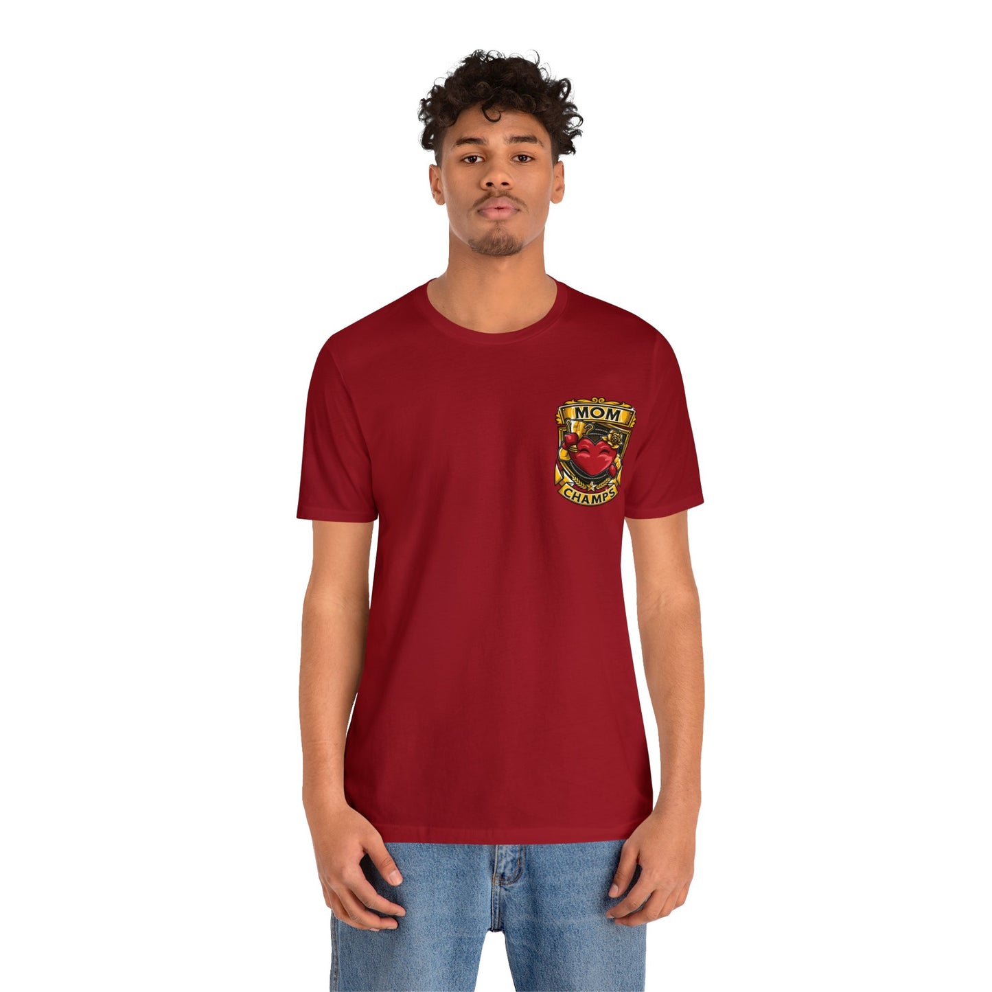 Mom Champs! (Small Front Logo & Back Design) - Unisex Jersey Short Sleeve Tee (Bella+Canvas)