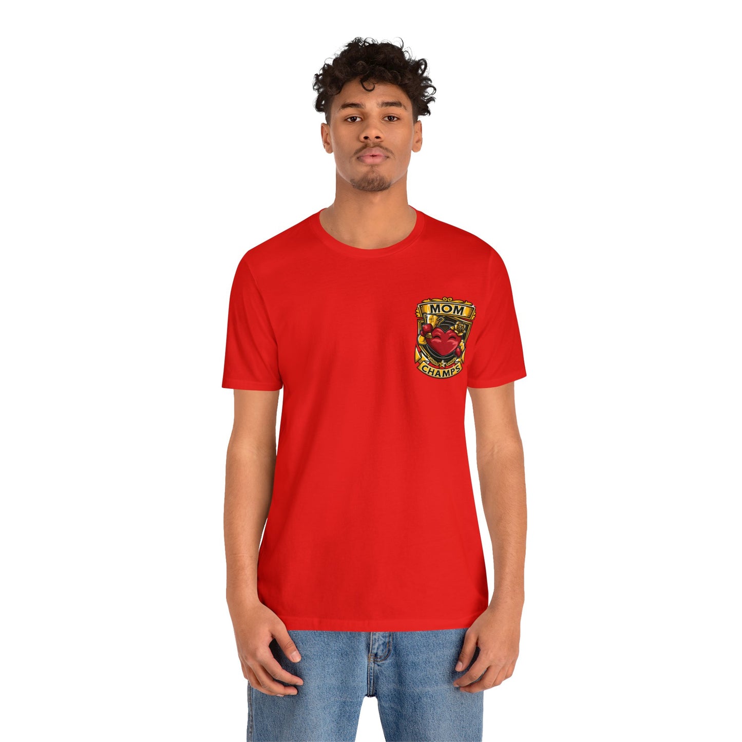 Mom Champs! (Small Front Logo & Back Design) - Unisex Jersey Short Sleeve Tee (Bella+Canvas)