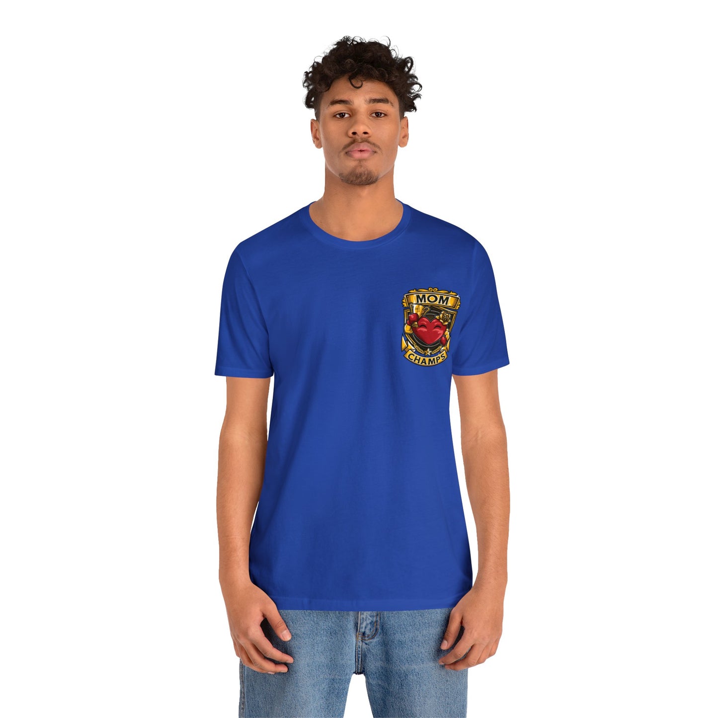 Mom Champs! (Small Front Logo & Back Design) - Unisex Jersey Short Sleeve Tee (Bella+Canvas)