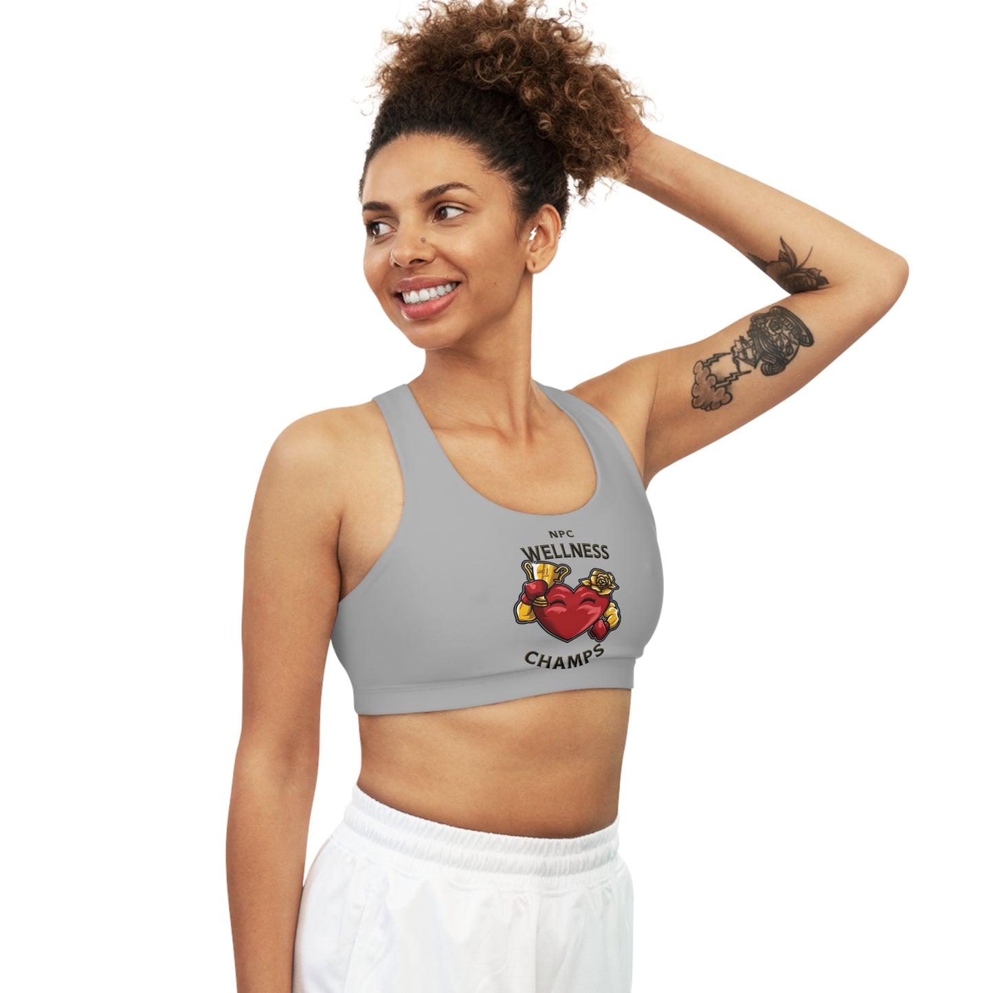 NPC WELLNESS CHAMPS (Gray) - Seamless Sports Bra (AOP)