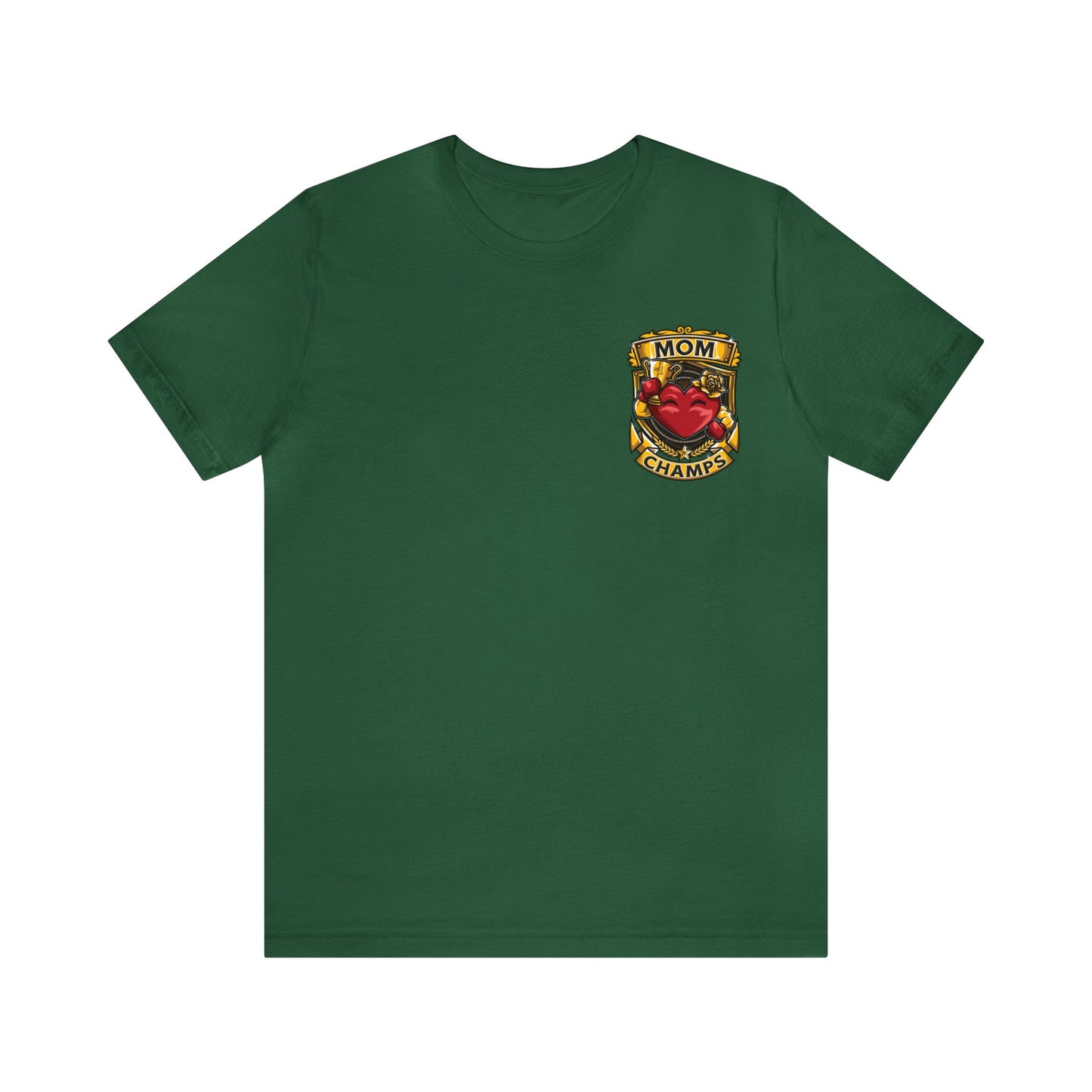 Mom Champs! (Small Front Logo & Back Design) - Unisex Jersey Short Sleeve Tee (Bella+Canvas)