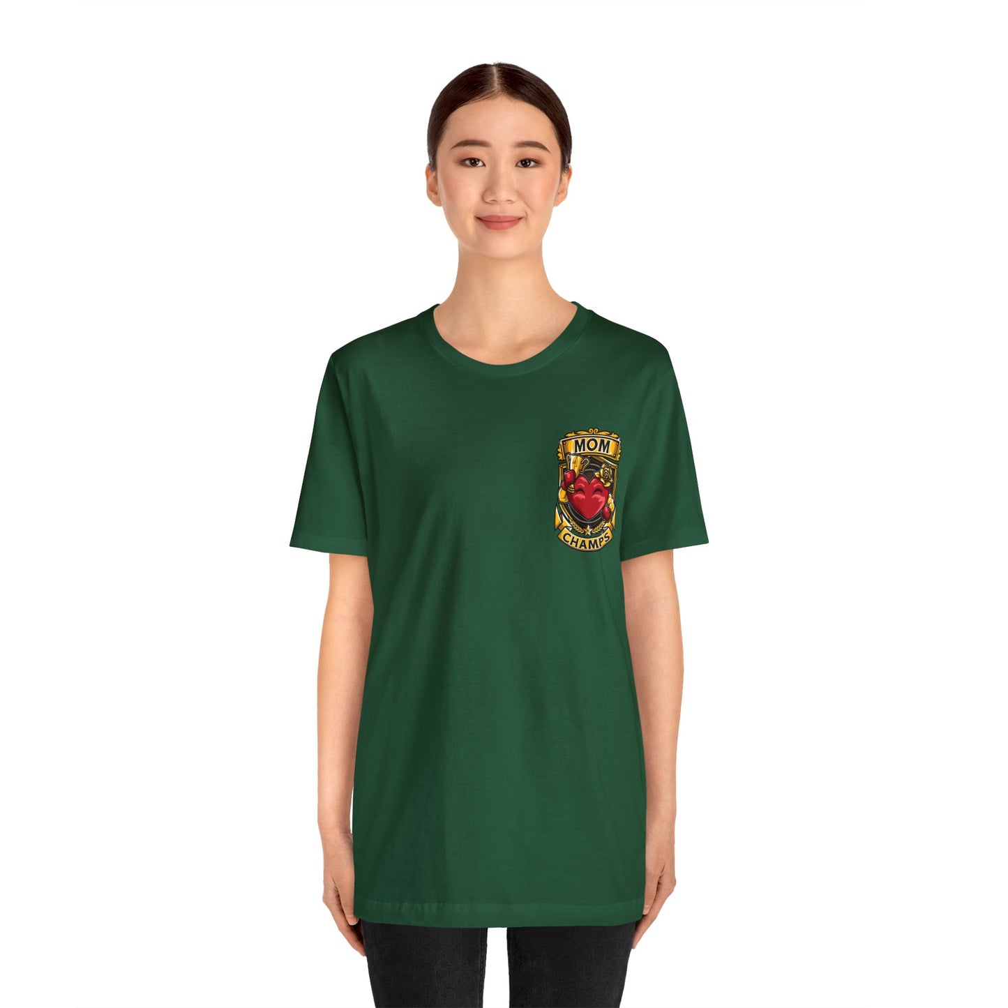 Mom Champs! (Small Front Logo & Back Design) - Unisex Jersey Short Sleeve Tee (Bella+Canvas)