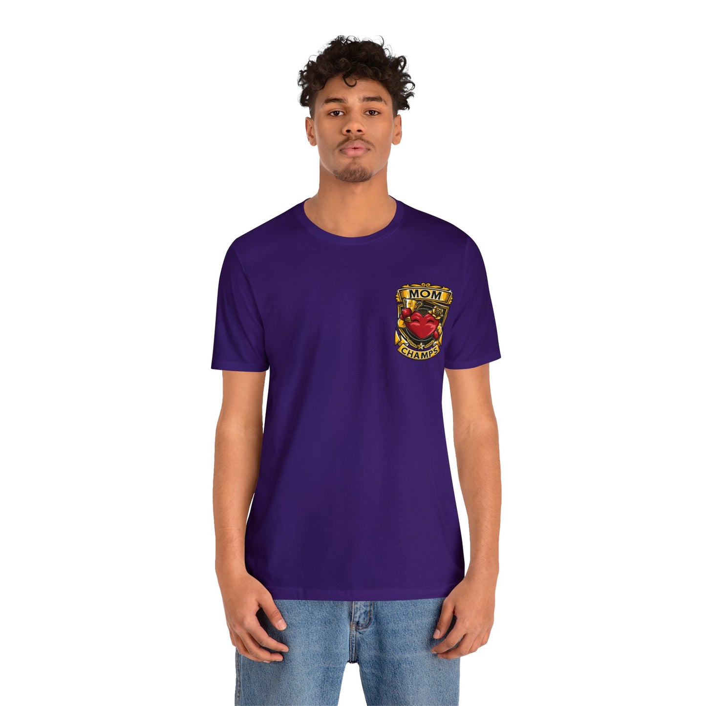 Mom Champs! (Small Front Logo & Back Design) - Unisex Jersey Short Sleeve Tee (Bella+Canvas)