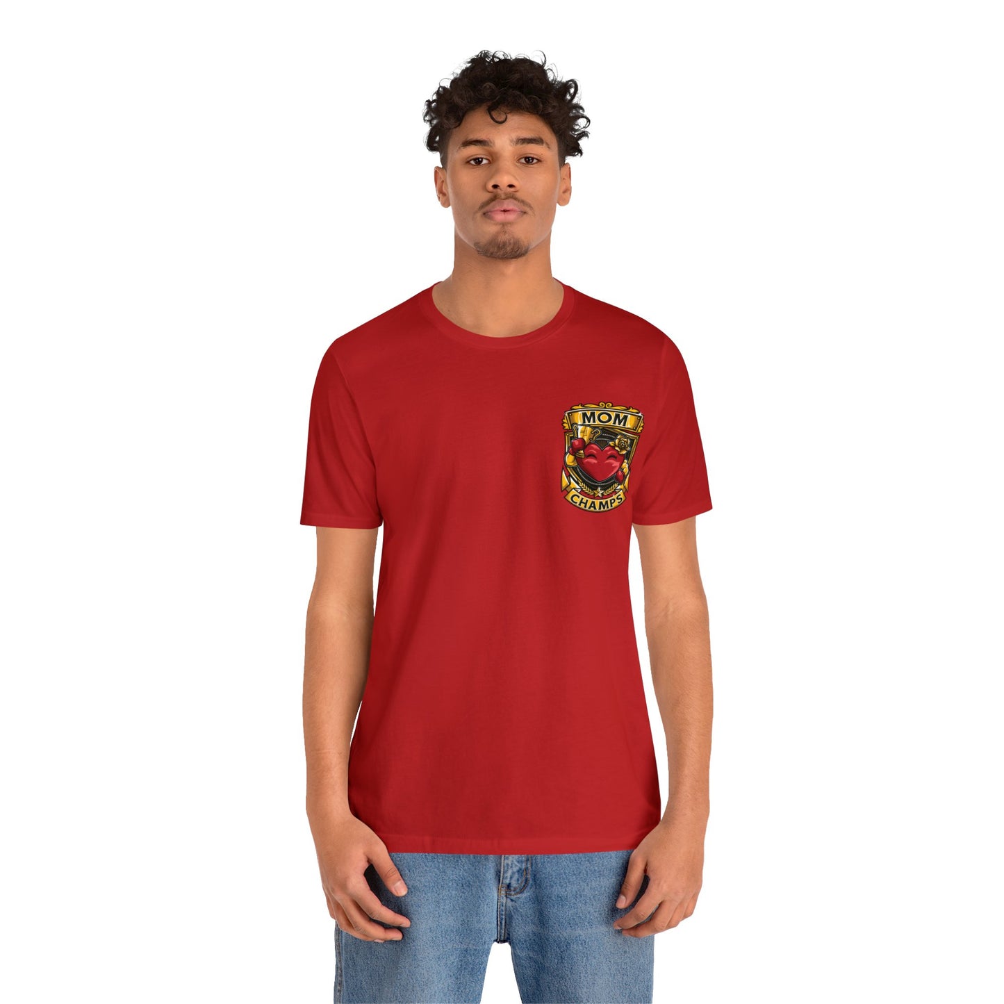 Mom Champs! (Small Front Logo & Back Design) - Unisex Jersey Short Sleeve Tee (Bella+Canvas)