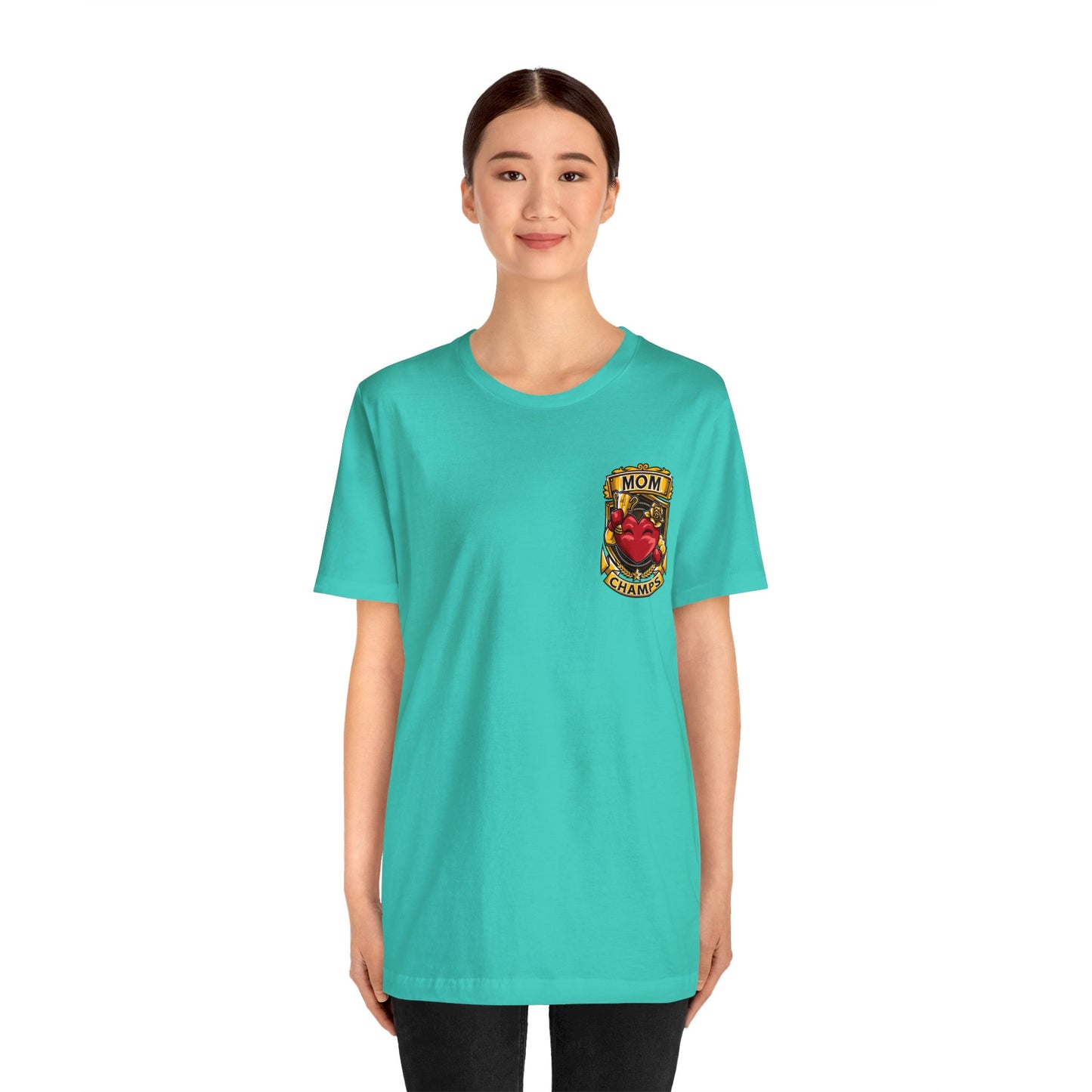 Mom Champs! (Small Front Logo & Back Design) - Unisex Jersey Short Sleeve Tee (Bella+Canvas)