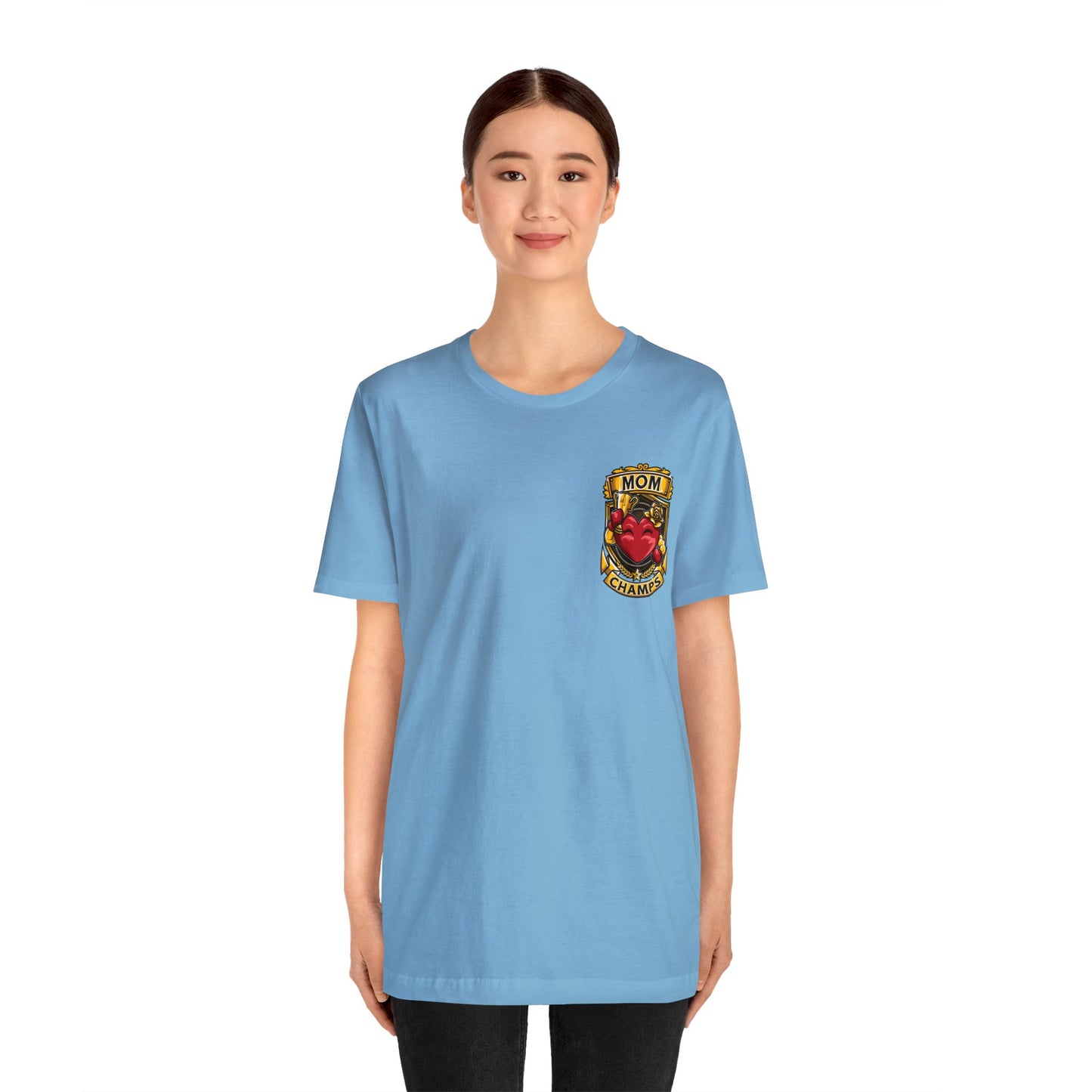 Mom Champs! (Small Front Logo & Back Design) - Unisex Jersey Short Sleeve Tee (Bella+Canvas)
