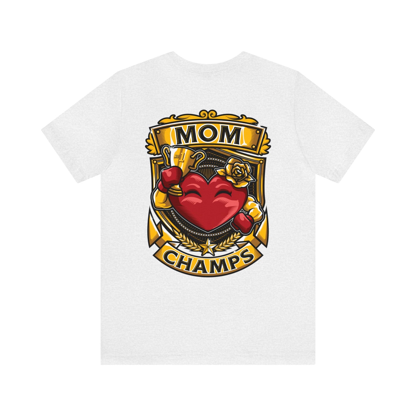 Mom Champs! (Small Front Logo & Back Design) - Unisex Jersey Short Sleeve Tee (Bella+Canvas)