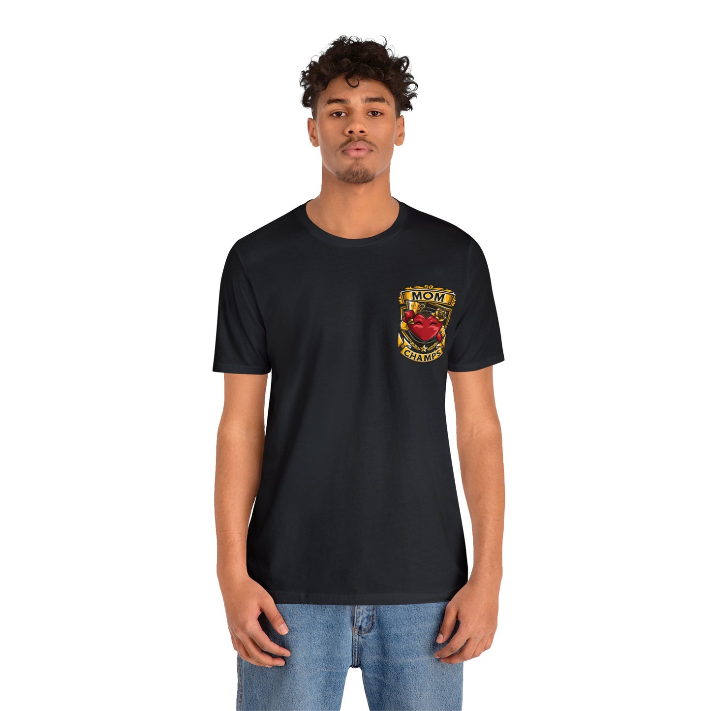 Mom Champs! (Small Front Logo & Back Design) - Unisex Jersey Short Sleeve Tee (Bella+Canvas)