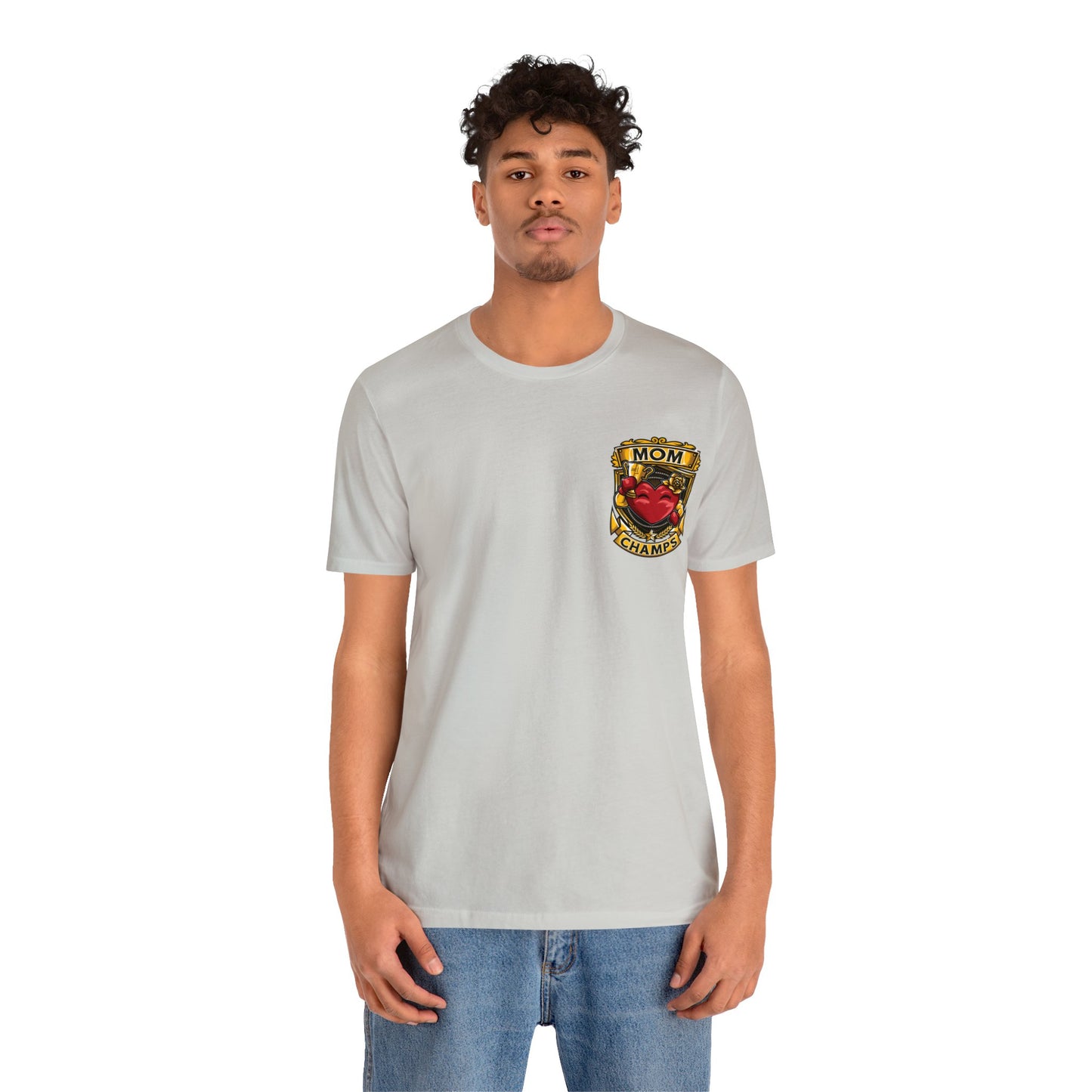 Mom Champs! (Small Front Logo & Back Design) - Unisex Jersey Short Sleeve Tee (Bella+Canvas)