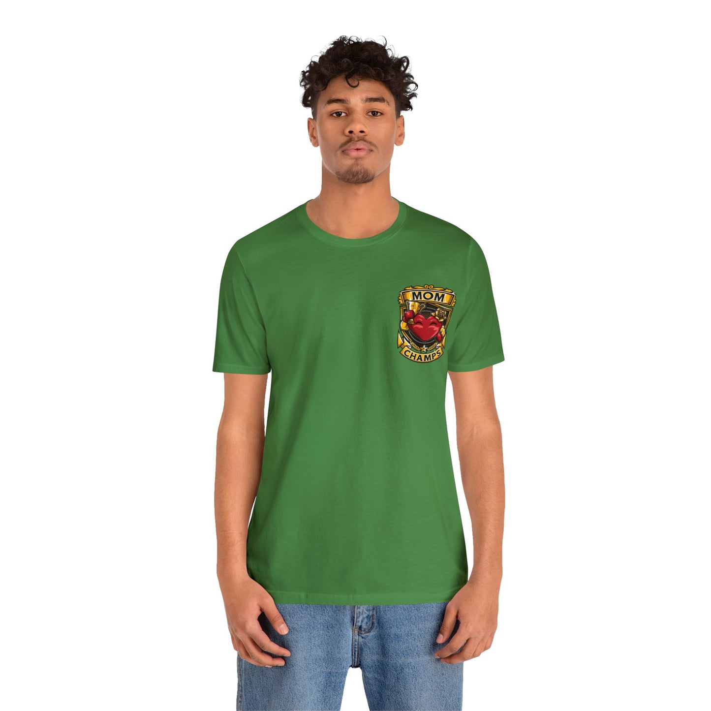 Mom Champs! (Small Front Logo & Back Design) - Unisex Jersey Short Sleeve Tee (Bella+Canvas)