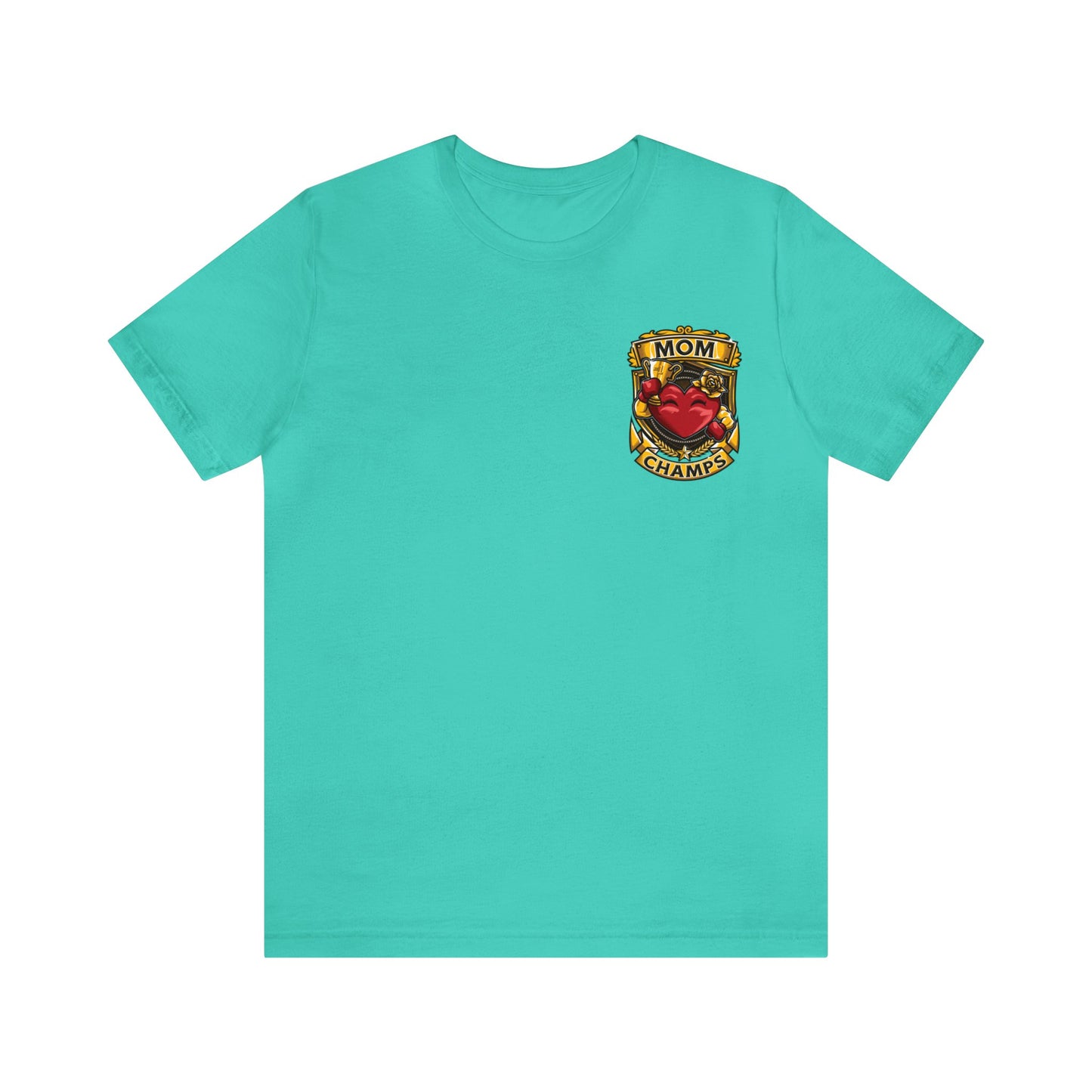 Mom Champs! (Small Front Logo & Back Design) - Unisex Jersey Short Sleeve Tee (Bella+Canvas)