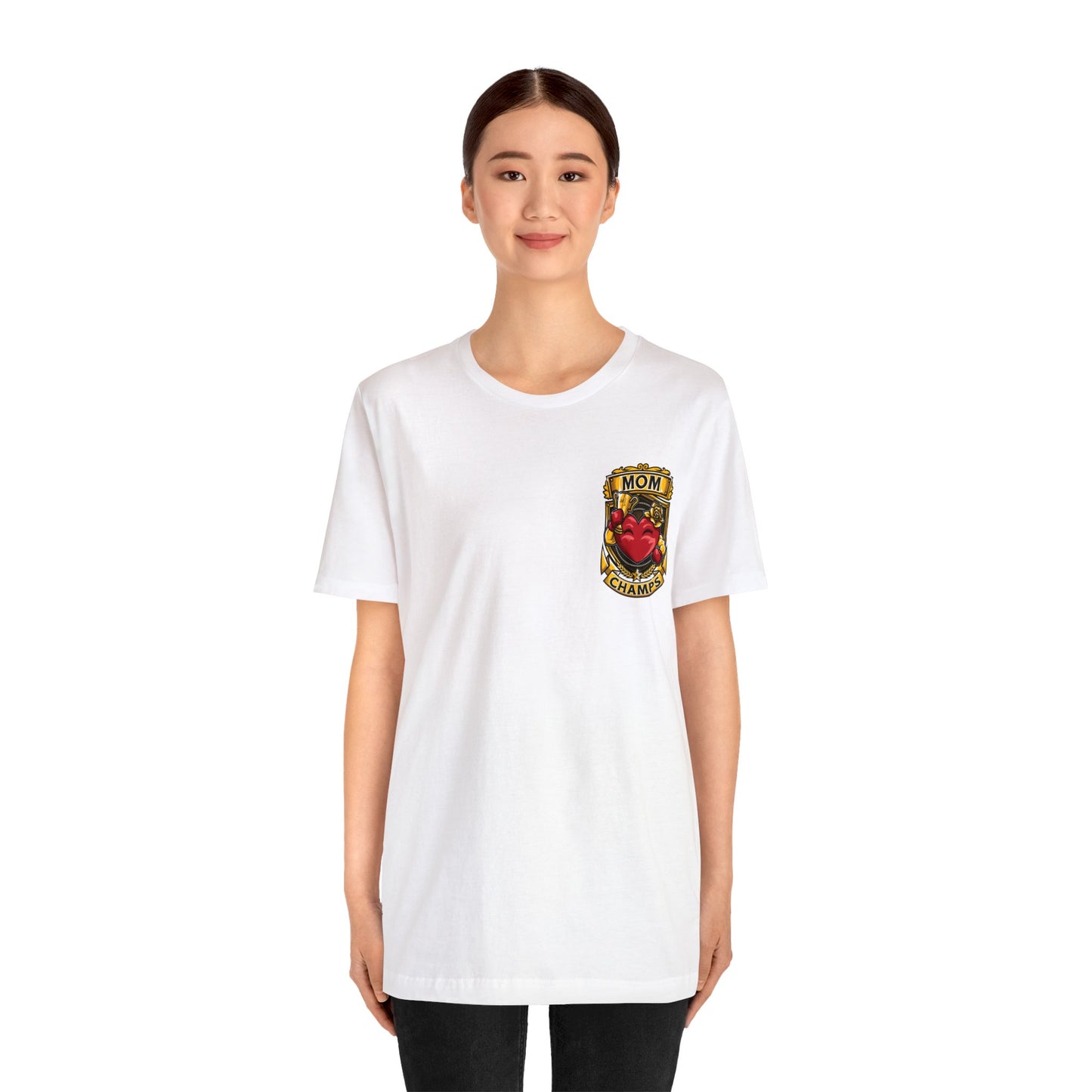 Mom Champs! (Small Front Logo & Back Design) - Unisex Jersey Short Sleeve Tee (Bella+Canvas)