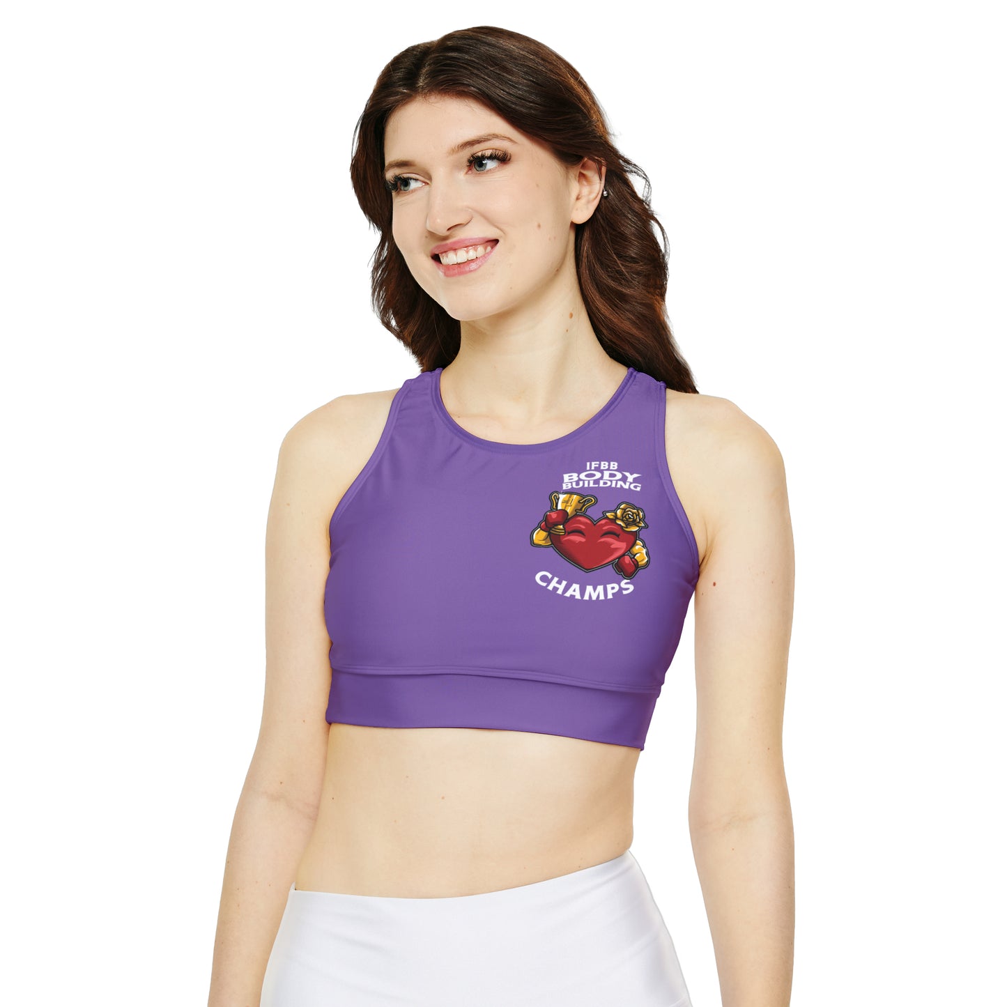 IFBB BODY BUILDING CHAMPS (PURPLE) - Fully Lined, Padded Sports Bra (AOP)