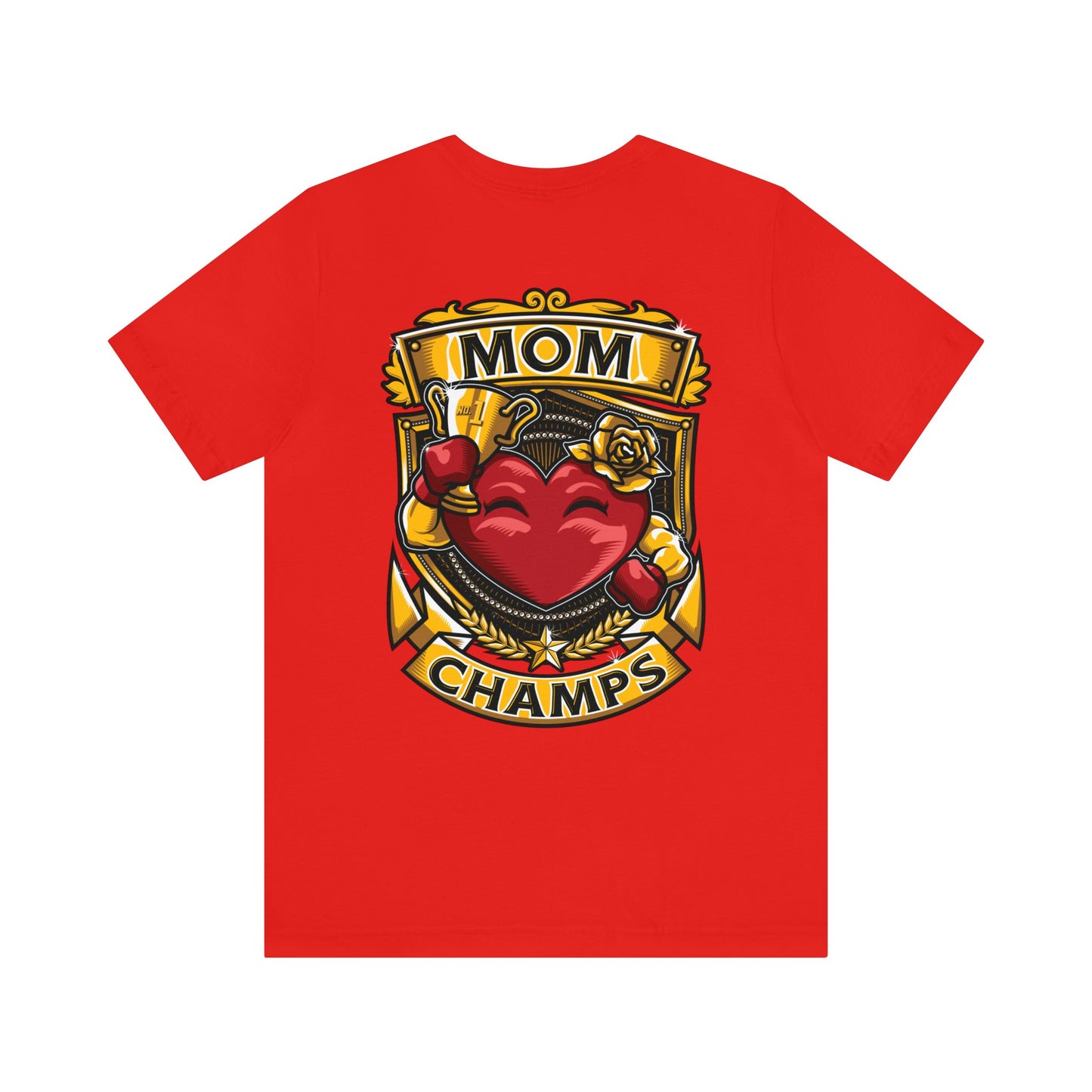 Mom Champs! (Small Front Logo & Back Design) - Unisex Jersey Short Sleeve Tee (Bella+Canvas)