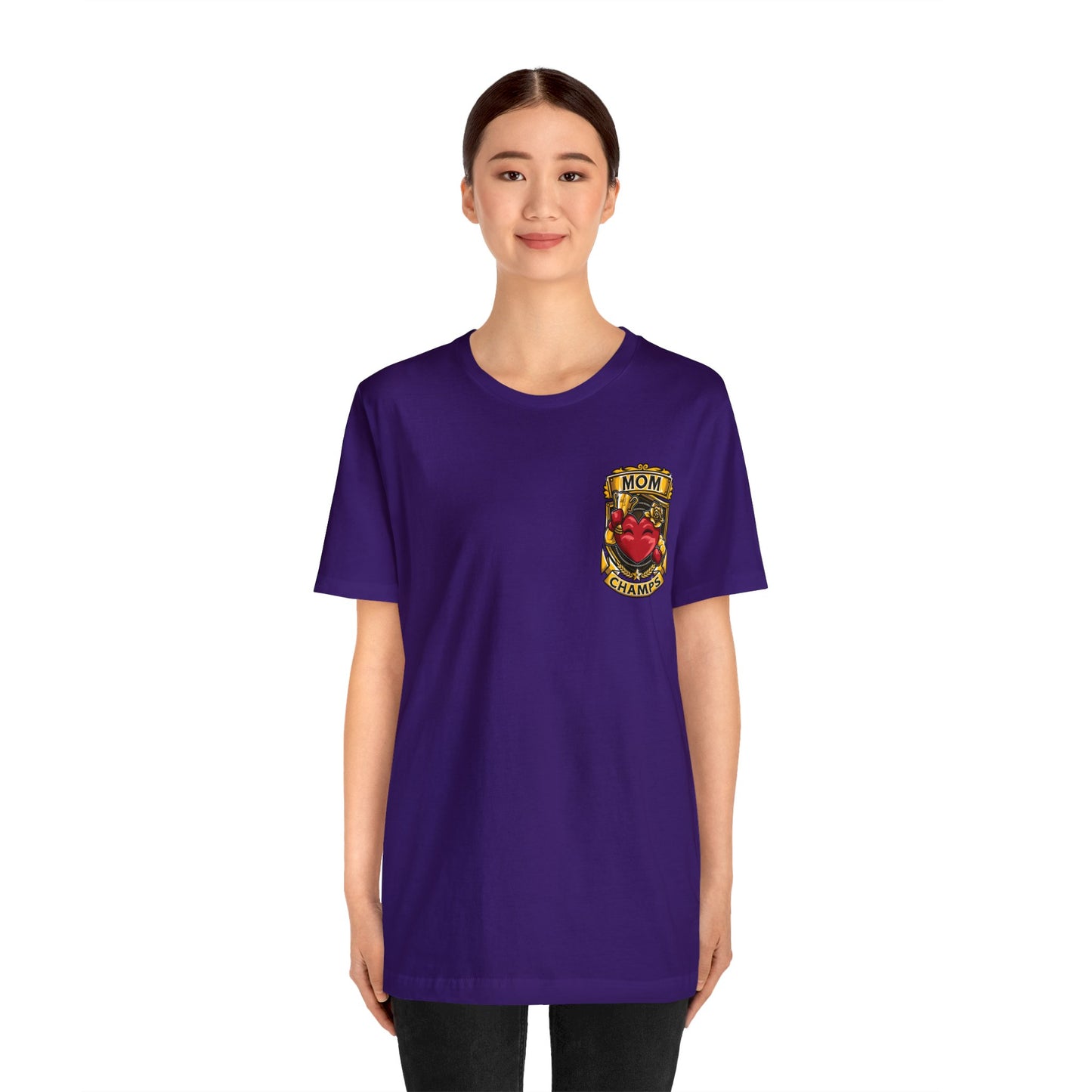 Mom Champs! (Small Front Logo & Back Design) - Unisex Jersey Short Sleeve Tee (Bella+Canvas)