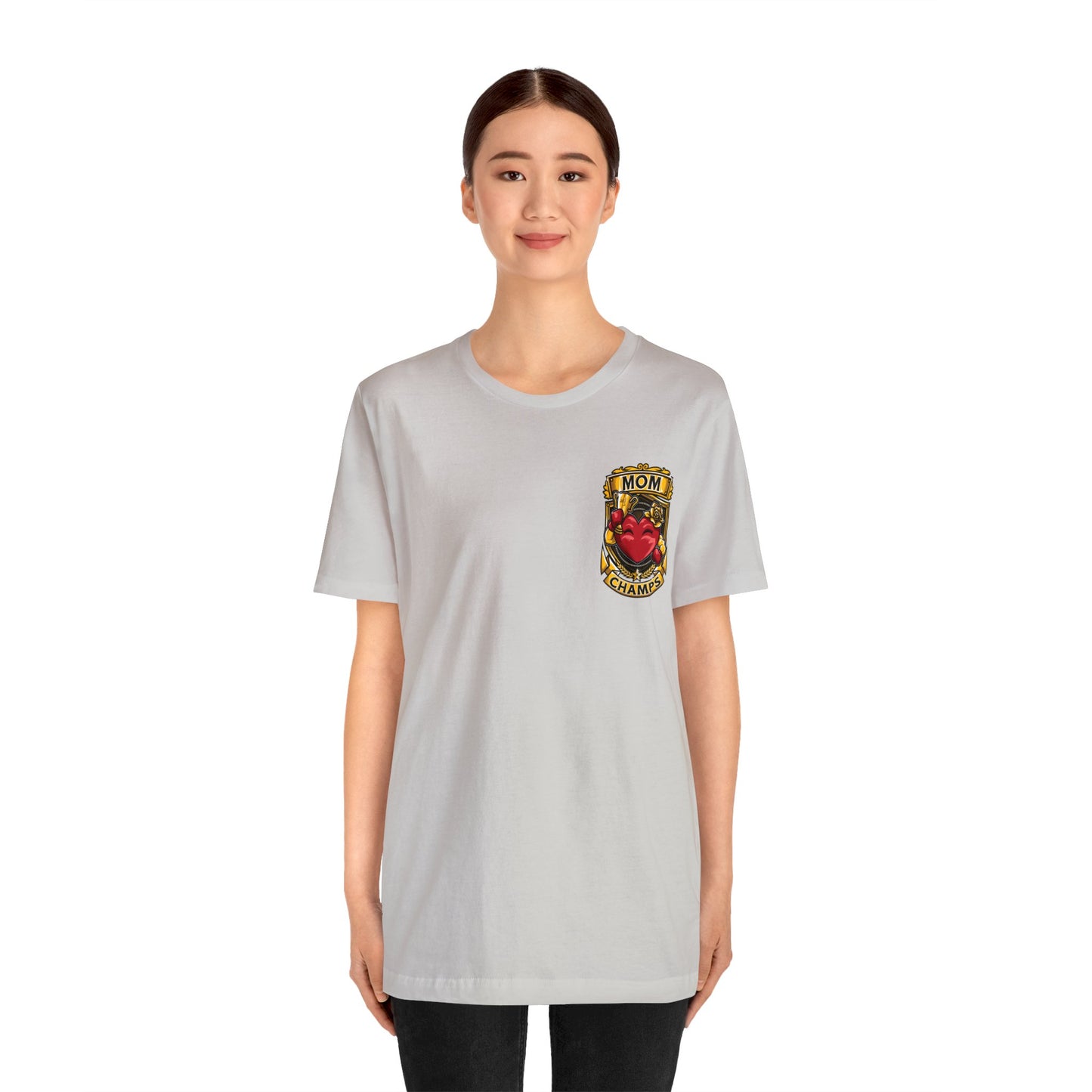 Mom Champs! (Small Front Logo & Back Design) - Unisex Jersey Short Sleeve Tee (Bella+Canvas)