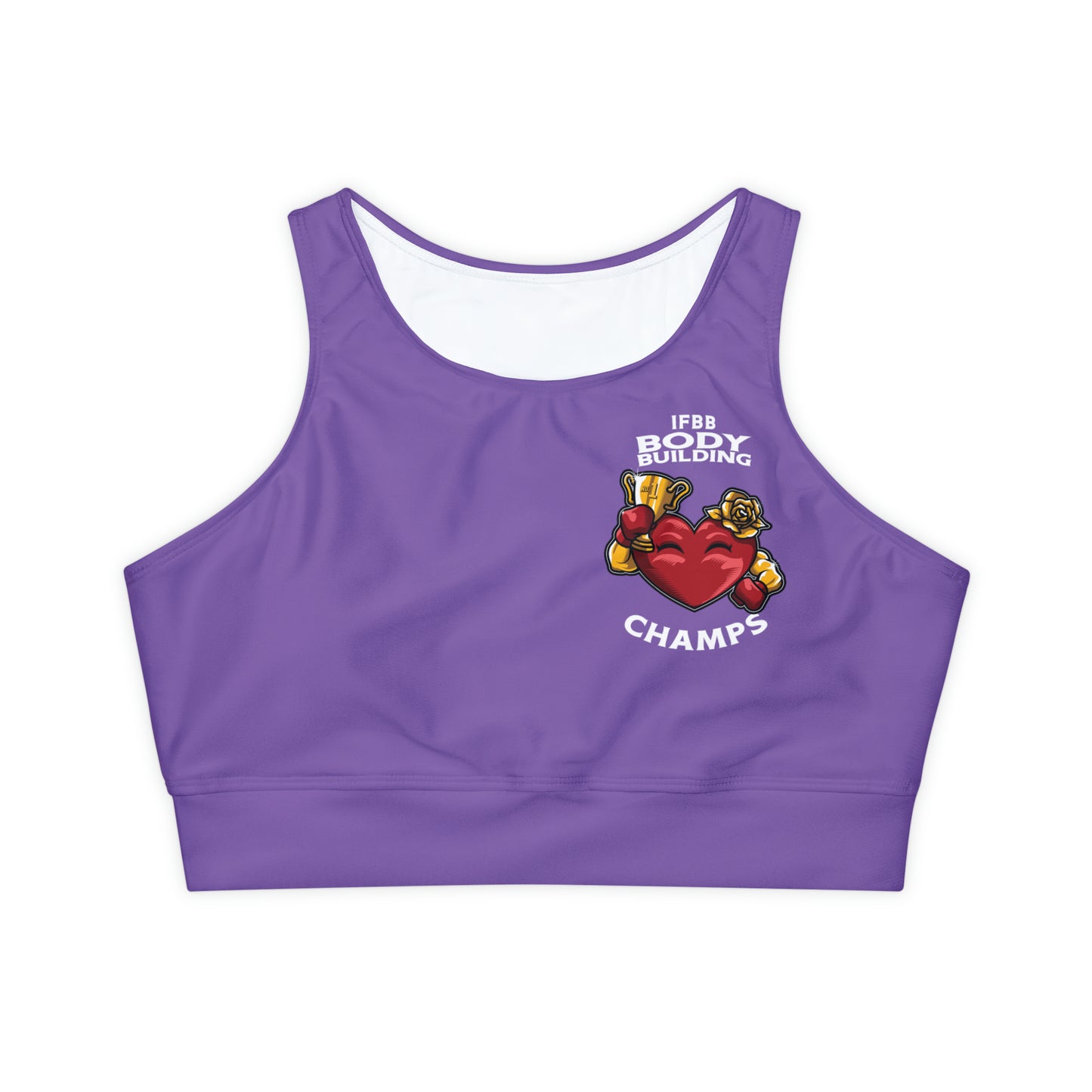 IFBB BODY BUILDING CHAMPS (PURPLE) - Fully Lined, Padded Sports Bra (AOP)