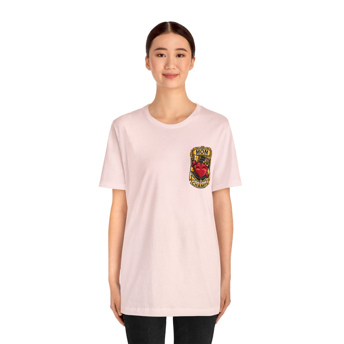 Mom Champs! (Small Front Logo & Back Design) - Unisex Jersey Short Sleeve Tee (Bella+Canvas)