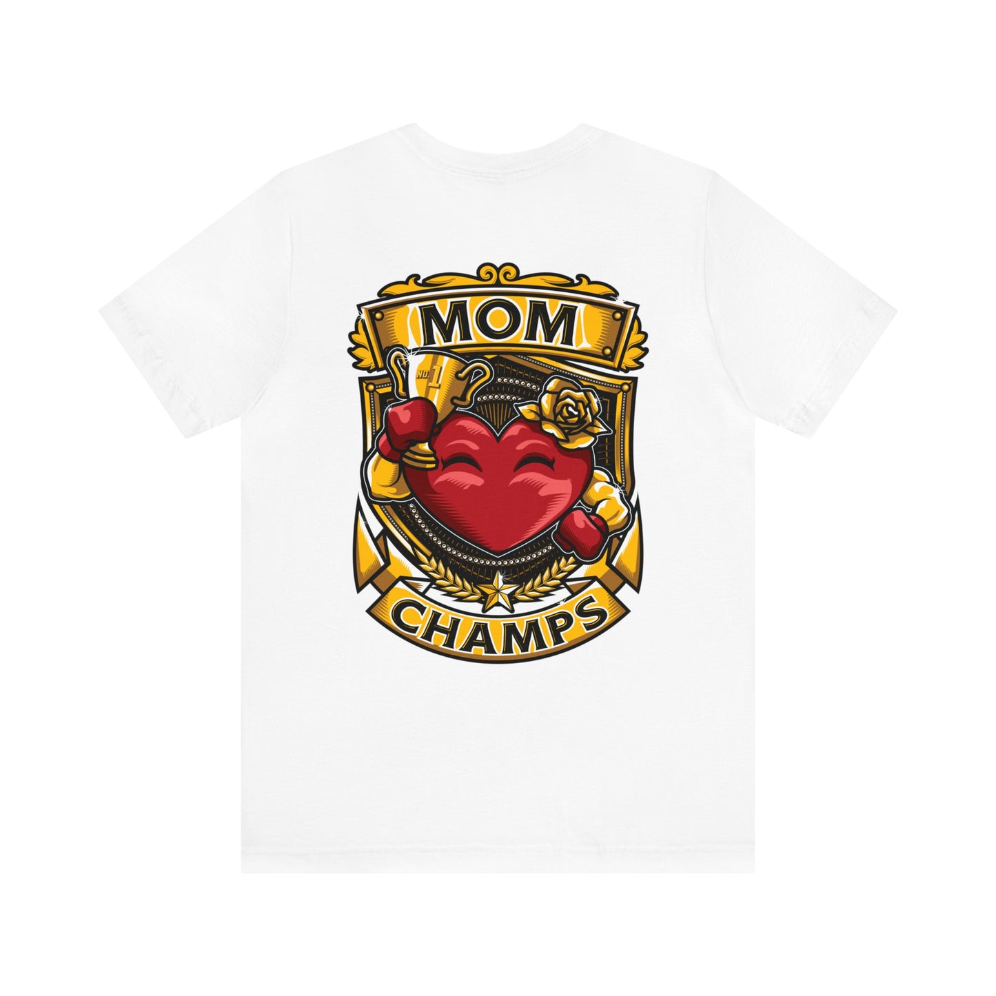Mom Champs! (Small Front Logo & Back Design) - Unisex Jersey Short Sleeve Tee (Bella+Canvas)