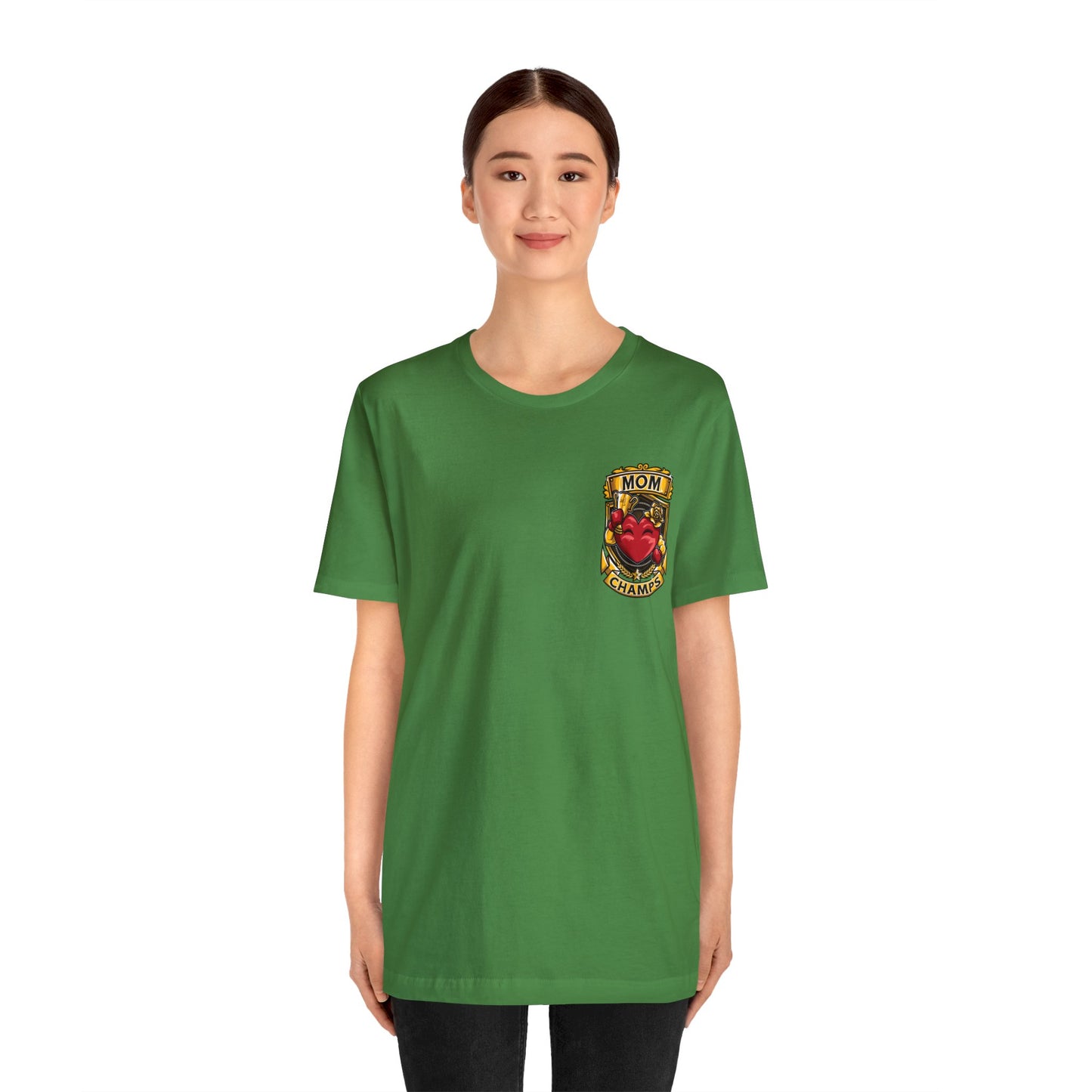 Mom Champs! (Small Front Logo & Back Design) - Unisex Jersey Short Sleeve Tee (Bella+Canvas)