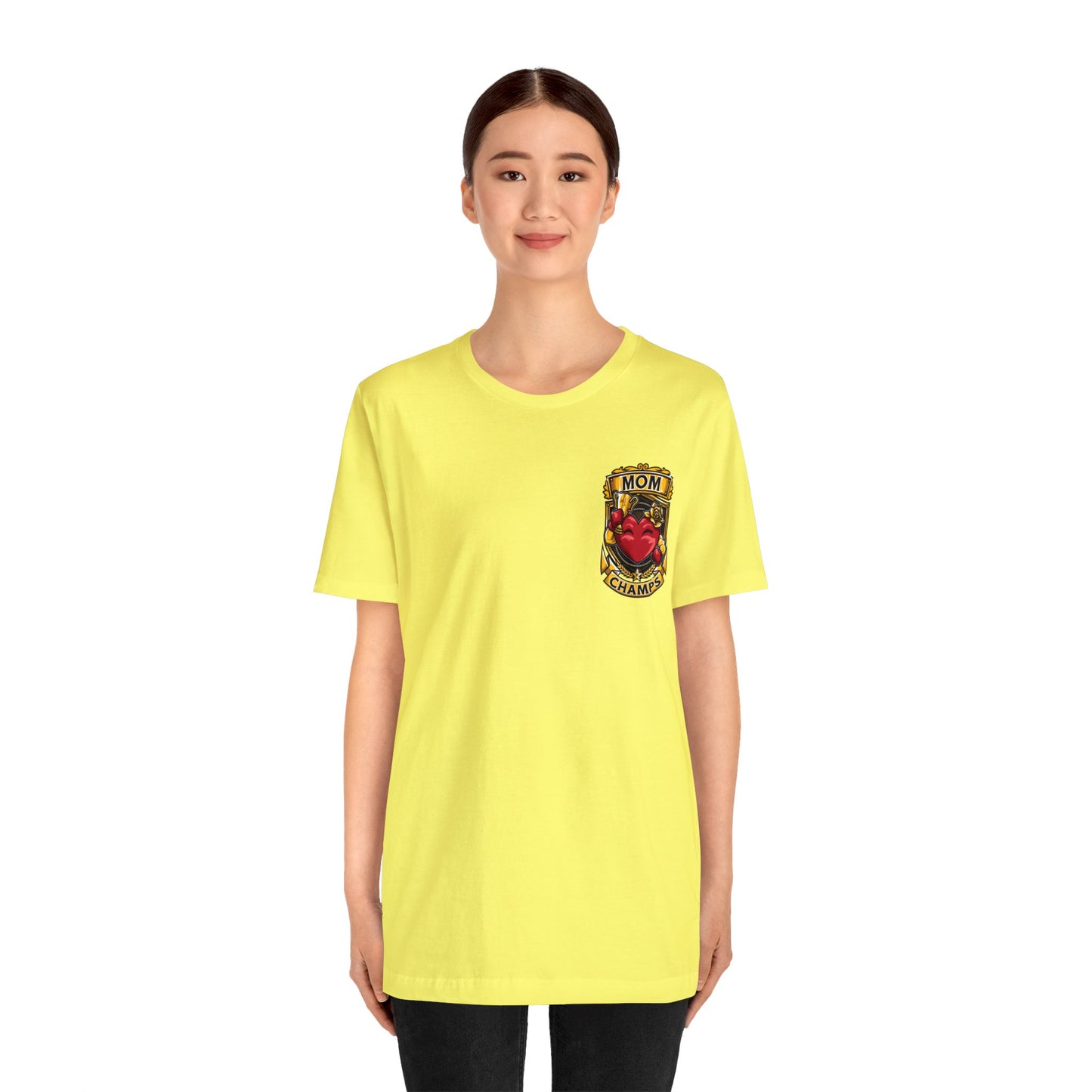 Mom Champs! (Small Front Logo & Back Design) - Unisex Jersey Short Sleeve Tee (Bella+Canvas)