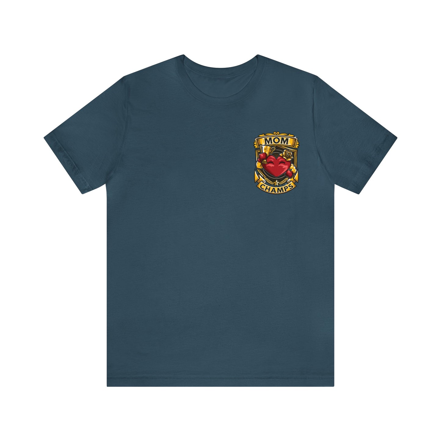 Mom Champs! (Small Front Logo & Back Design) - Unisex Jersey Short Sleeve Tee (Bella+Canvas)