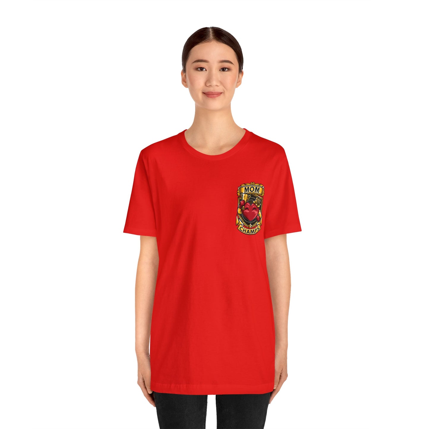 Mom Champs! (Small Front Logo & Back Design) - Unisex Jersey Short Sleeve Tee (Bella+Canvas)