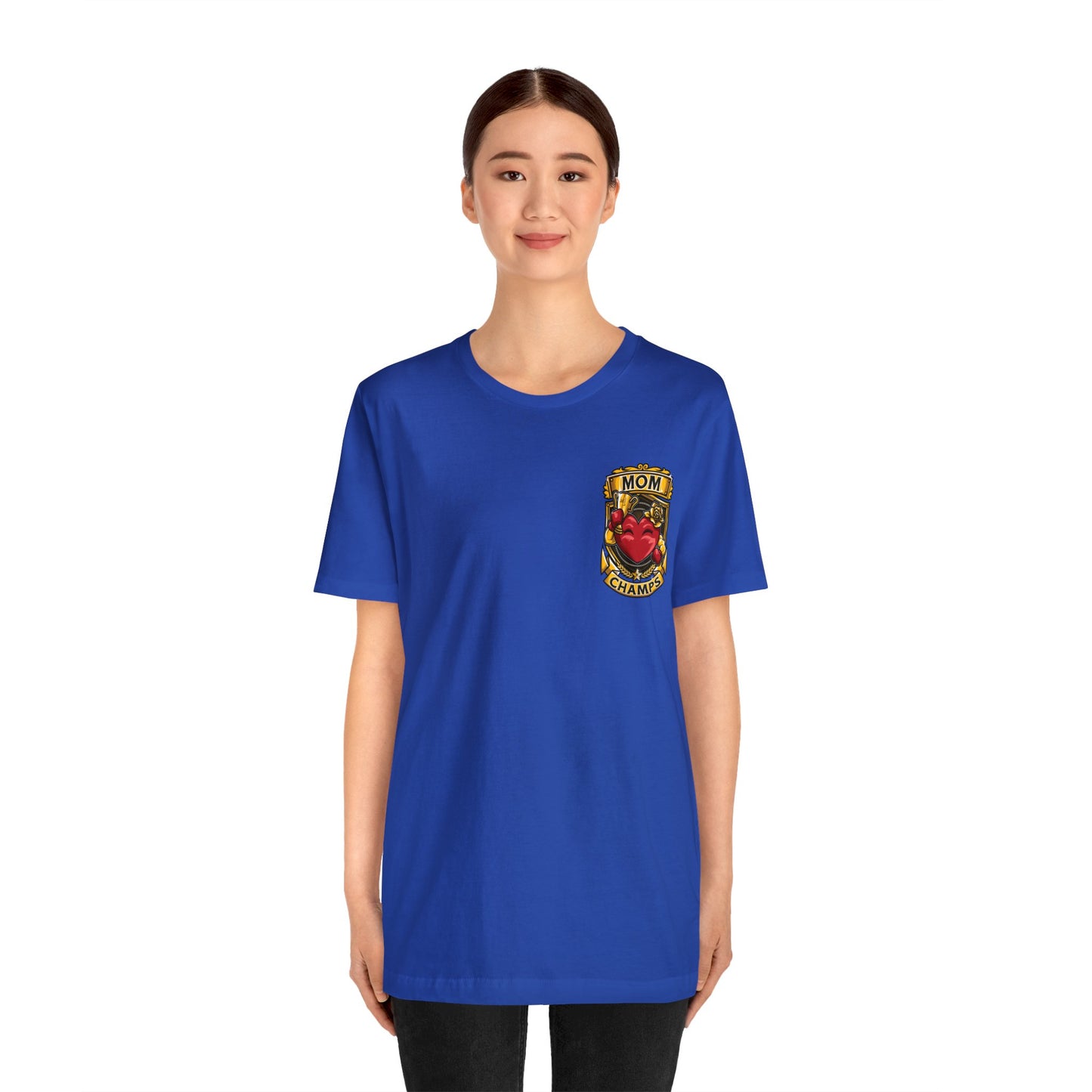 Mom Champs! (Small Front Logo & Back Design) - Unisex Jersey Short Sleeve Tee (Bella+Canvas)