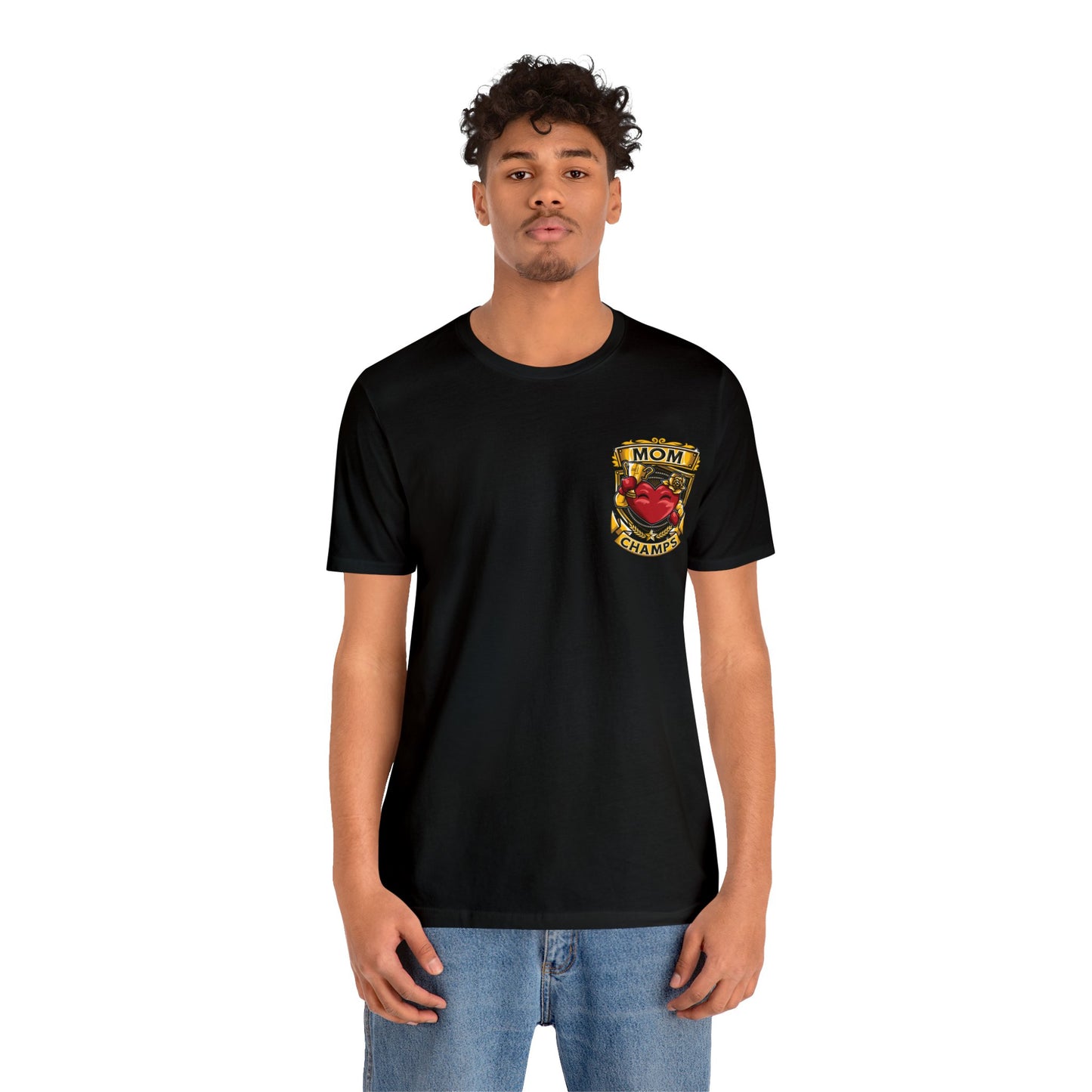 Mom Champs! (Small Front Logo & Back Design) - Unisex Jersey Short Sleeve Tee (Bella+Canvas)