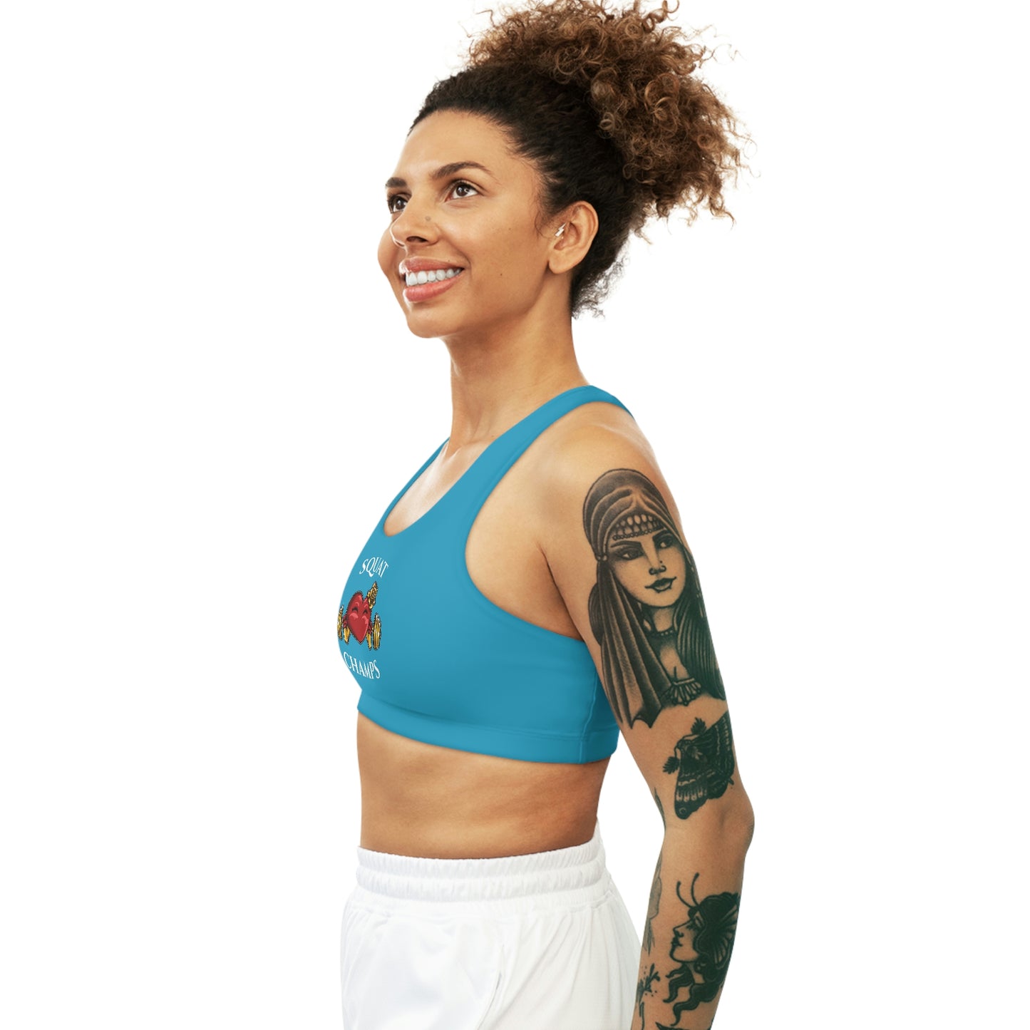 SQUAT CHAMPS - Center Logo - (Turquoise) - Seamless Sports Bra (AOP)