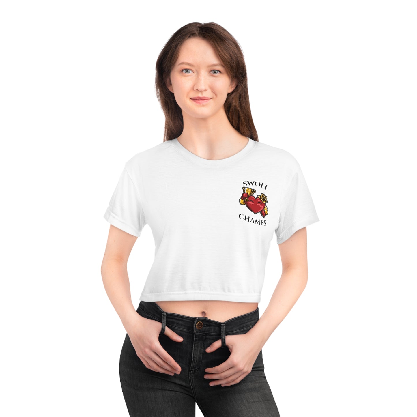 SWOLL CHAMPS (Small Logo - White) - Crop Tee (AOP)