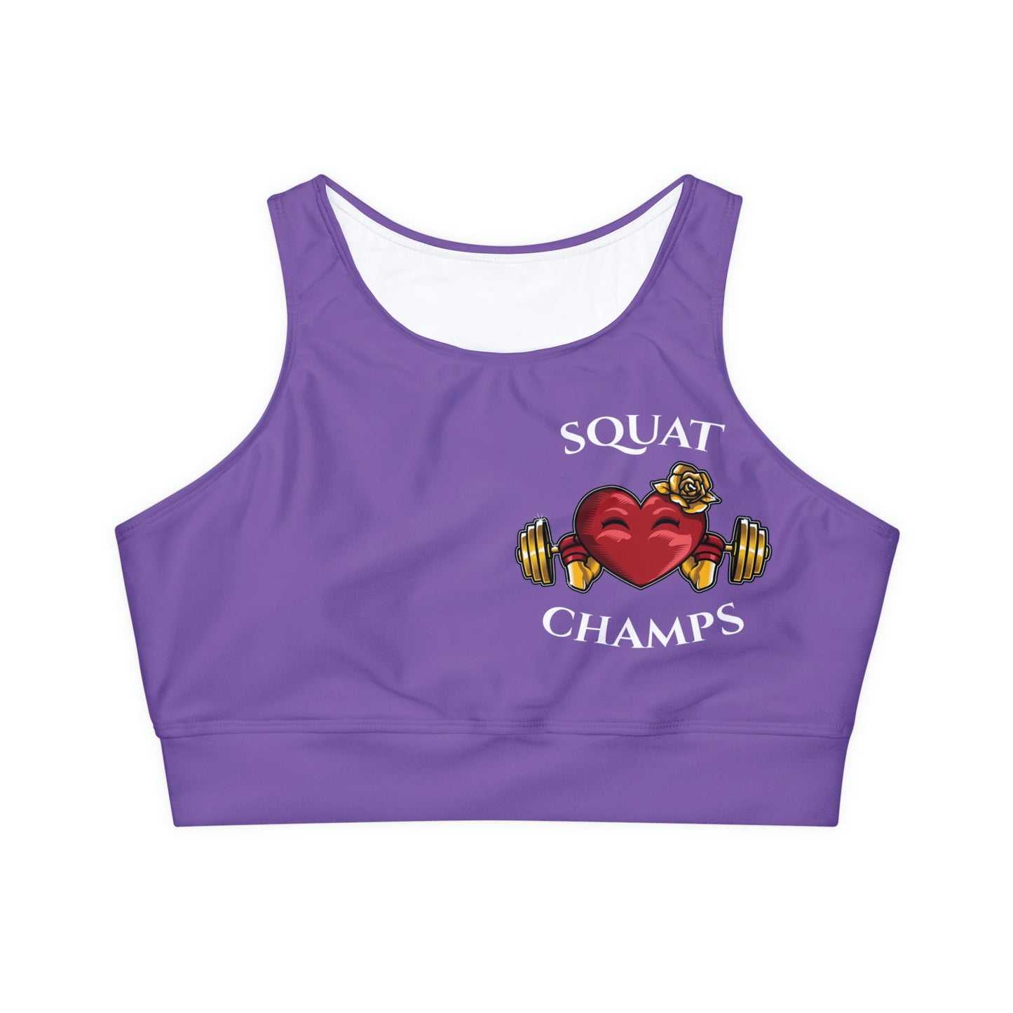 SQUAT CHAMPS (PURPLE) - Fully Lined, Padded Sports Bra (AOP)