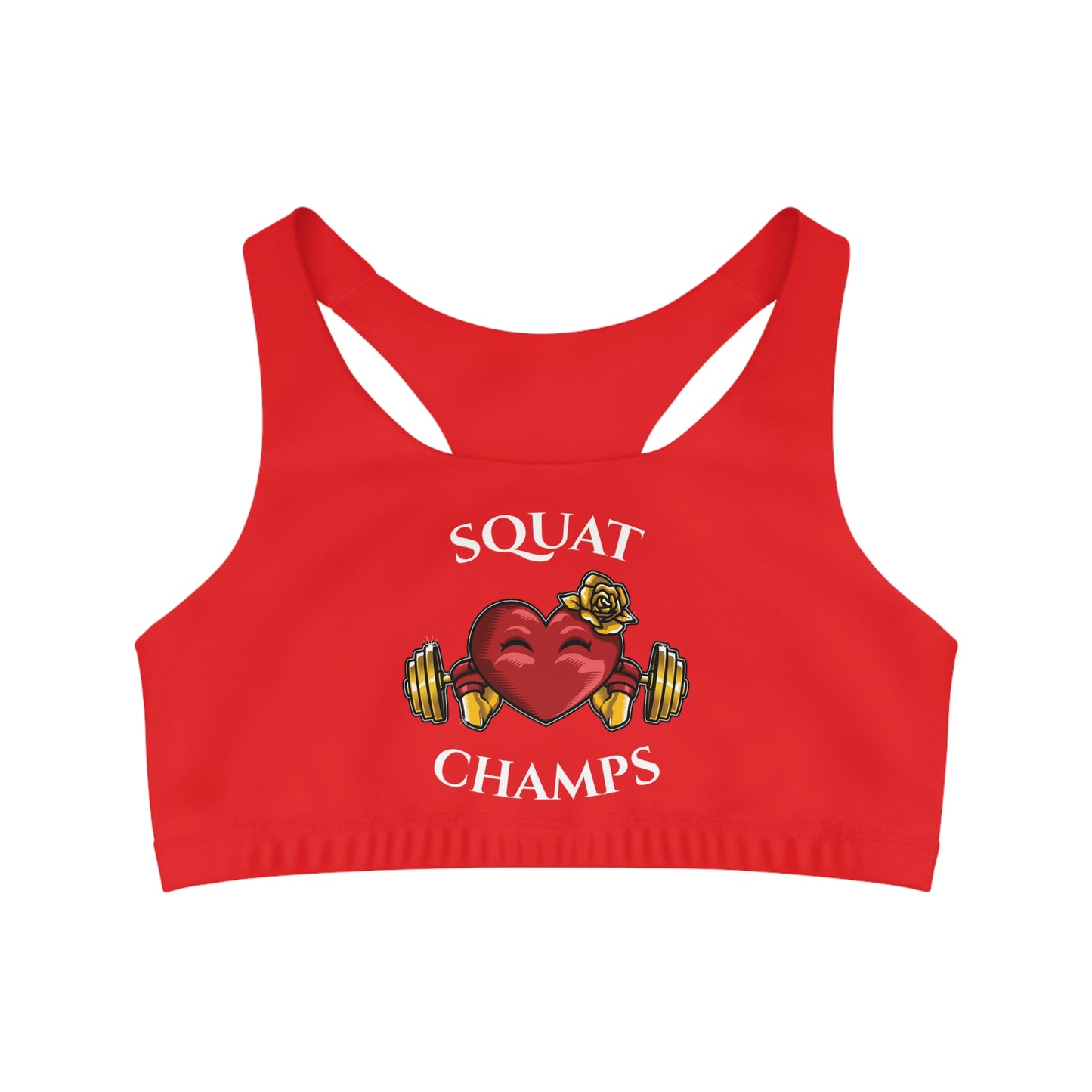 SQUAT CHAMPS - Center Logo - (Red) - Seamless Sports Bra (AOP)