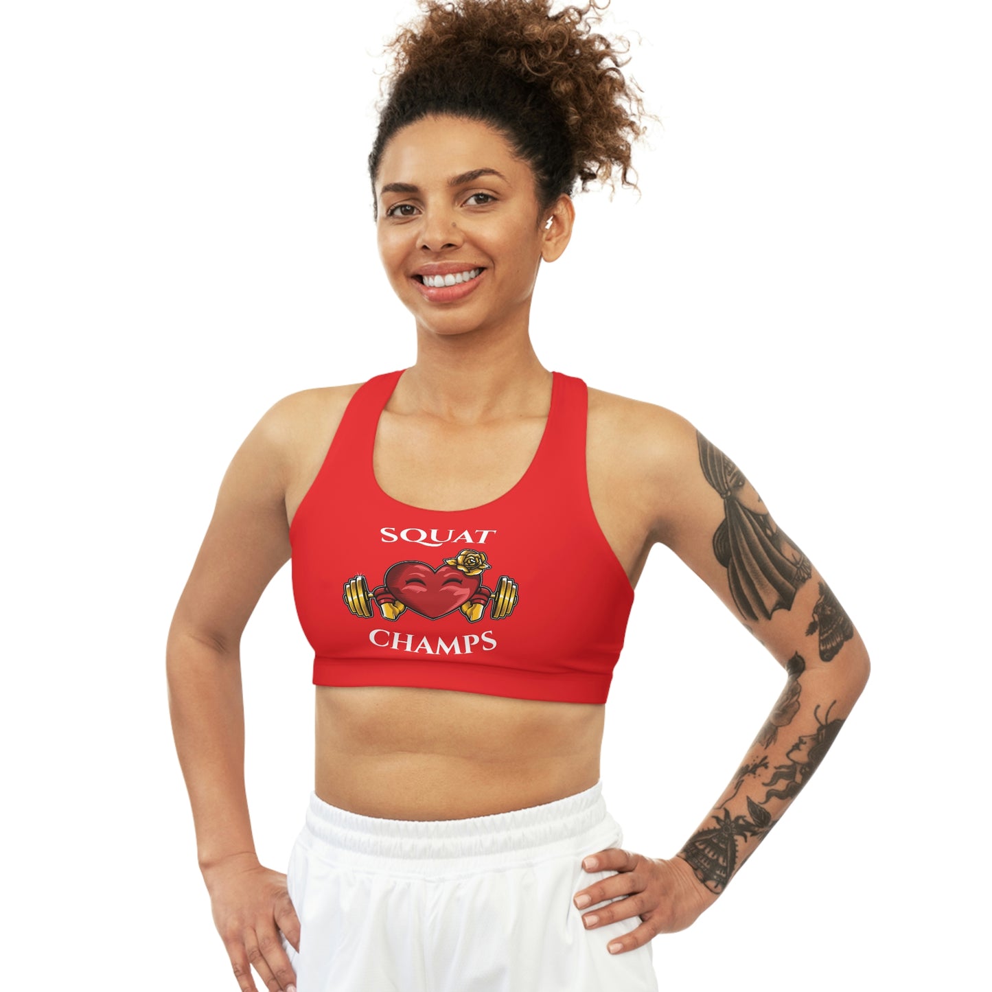 SQUAT CHAMPS - Center Logo - (Red) - Seamless Sports Bra (AOP)