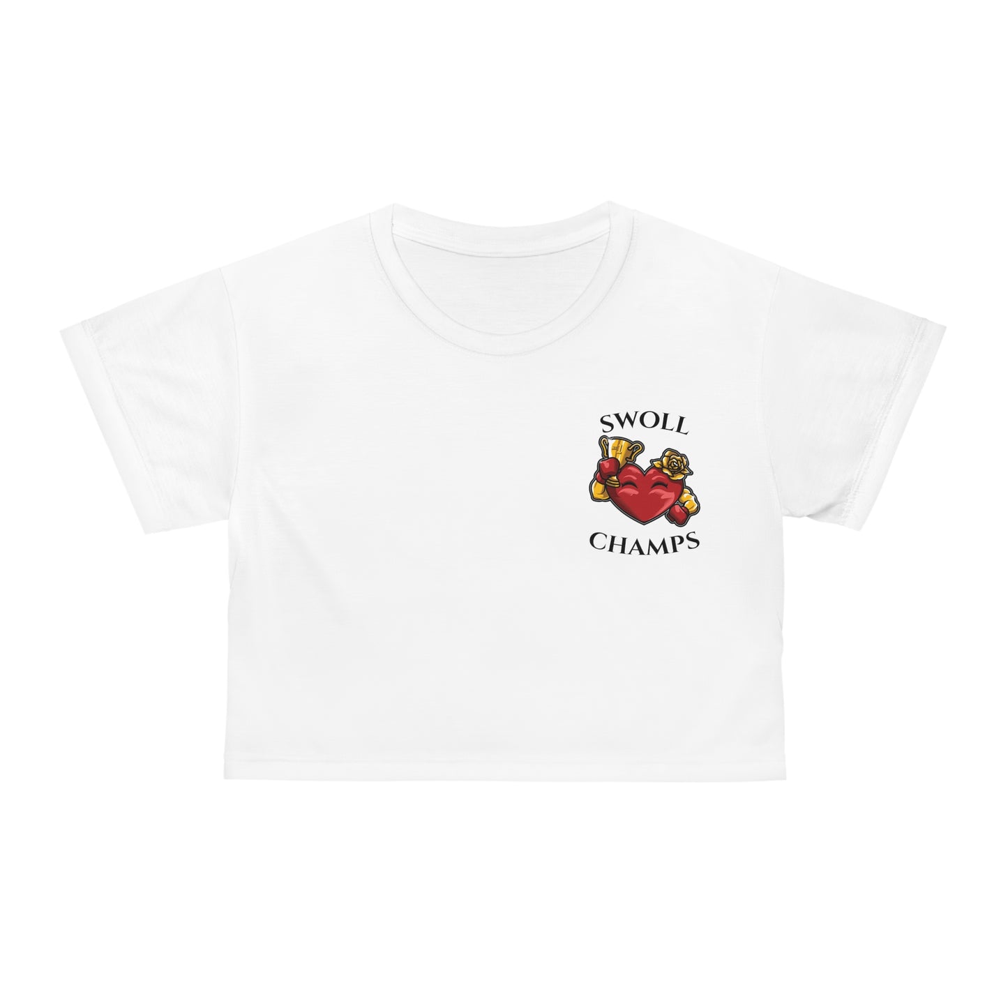 SWOLL CHAMPS (Small Logo - White) - Crop Tee (AOP)