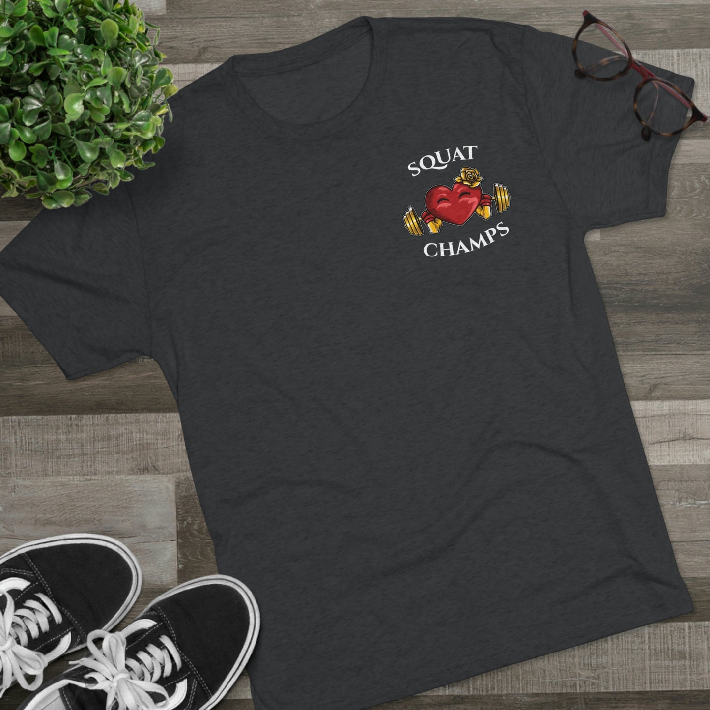 SQUAT CHAMPS (Small Front) - PREMIUM SOFT - Unisex Tri-Blend Crew Tee (Next Level 6010)