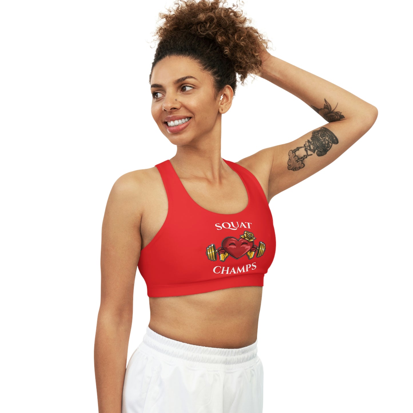 SQUAT CHAMPS - Center Logo - (Red) - Seamless Sports Bra (AOP)