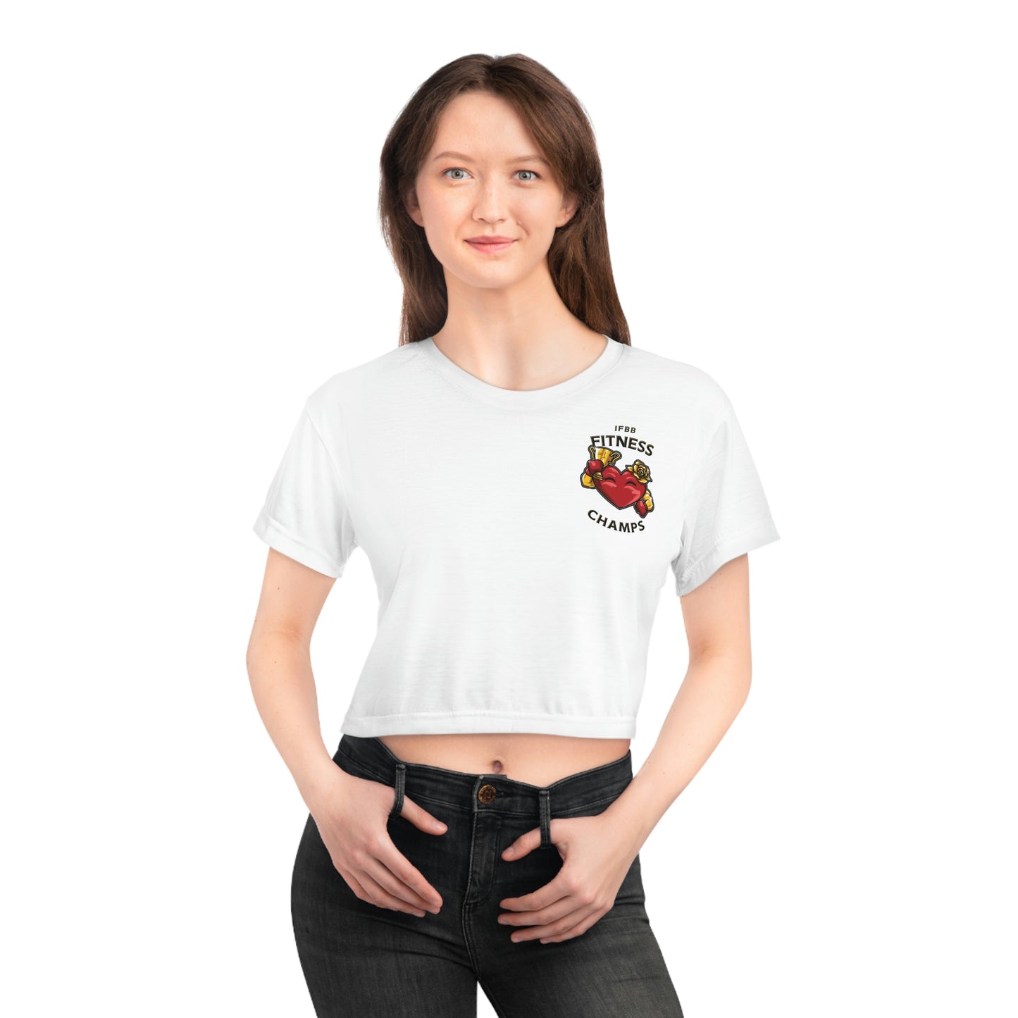 IFBB FITNESS CHAMPS (Small Logo - White) - Crop Tee (AOP)