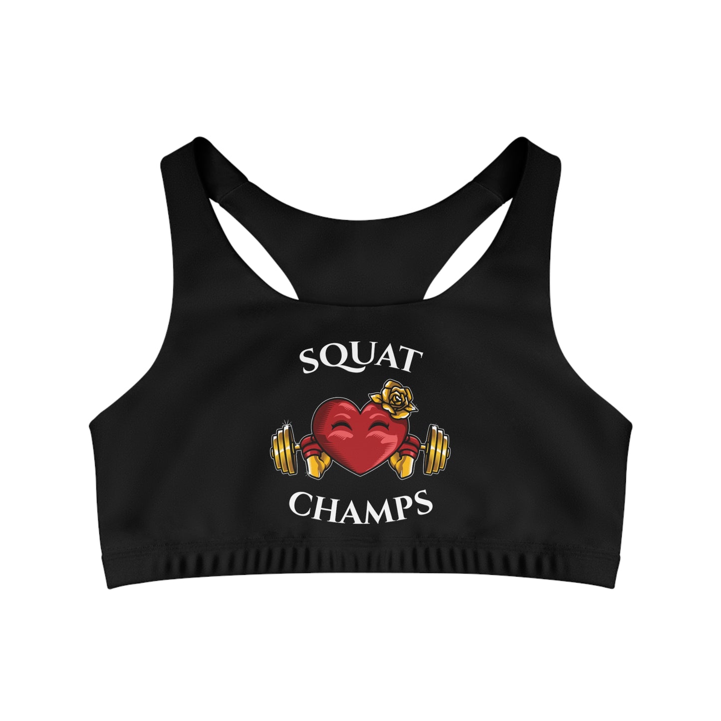 SQUAT CHAMPS - Center Logo - (Black) - Seamless Sports Bra (AOP)
