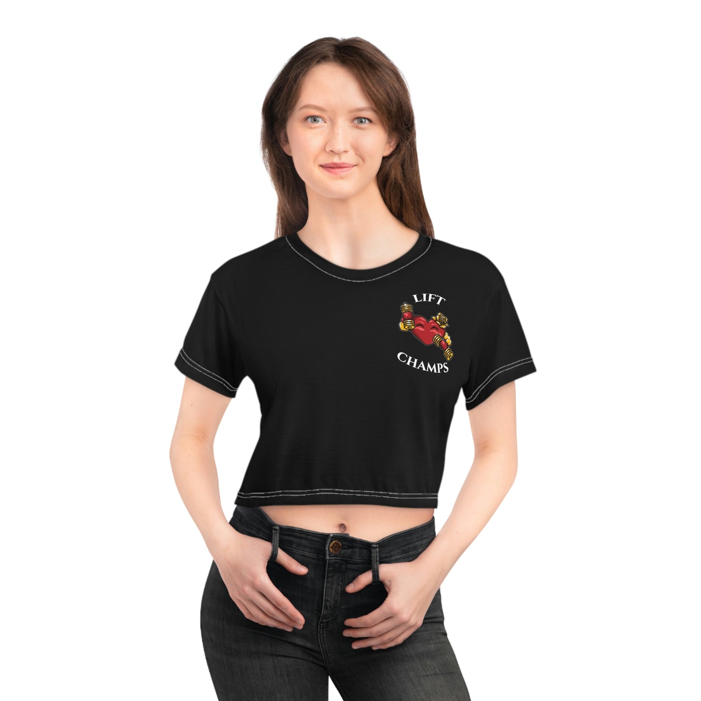 LIFT CHAMPS (Small Logo - Black) - Crop Tee (AOP)