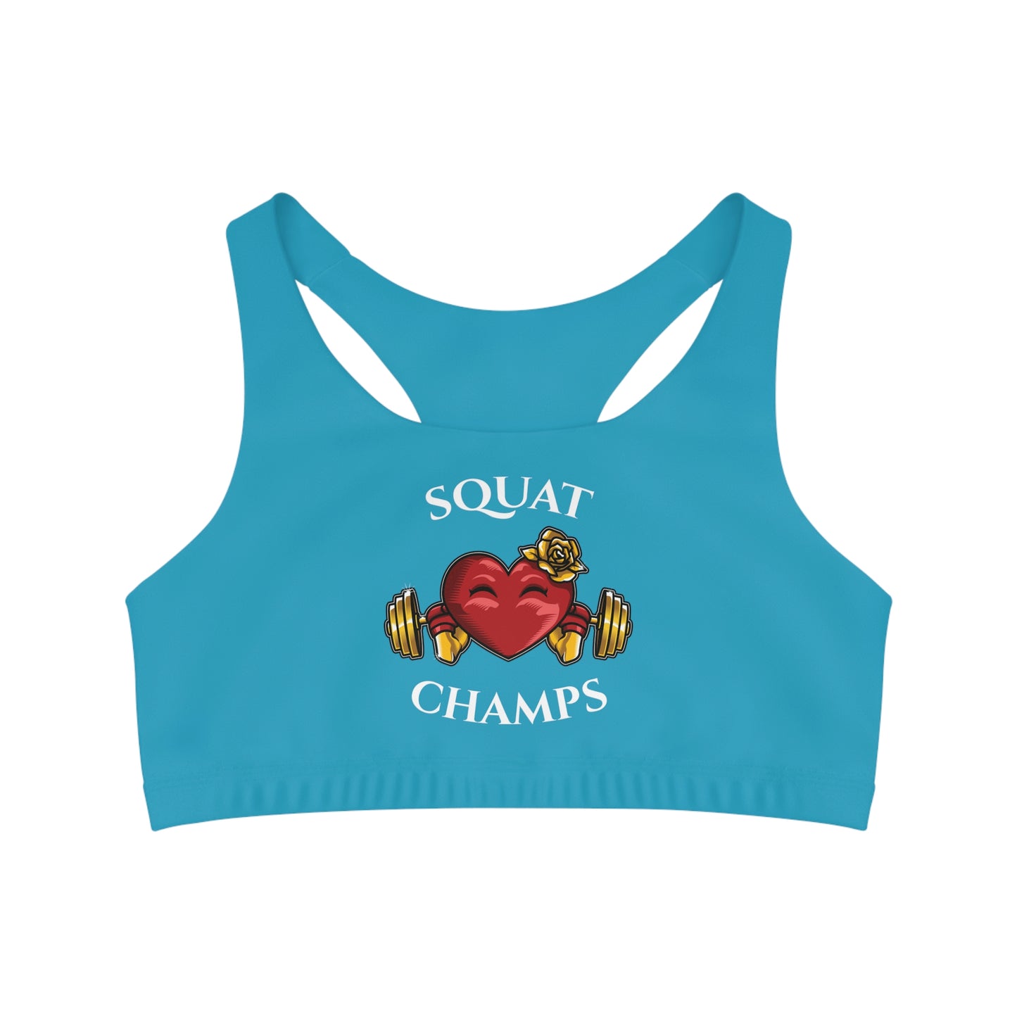 SQUAT CHAMPS - Center Logo - (Turquoise) - Seamless Sports Bra (AOP)