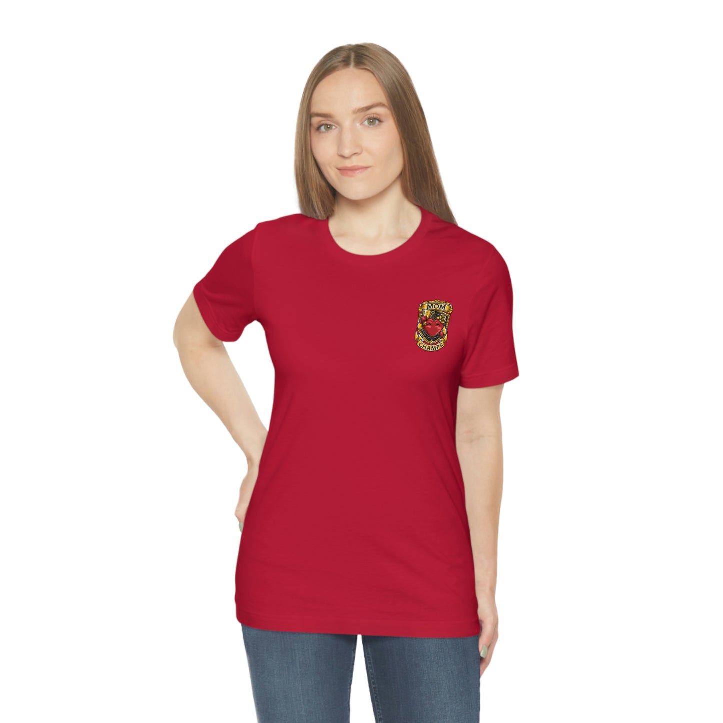 Mom Champs! (Small Front Logo) - Unisex Jersey Short Sleeve Tee - (Bella+Canva)