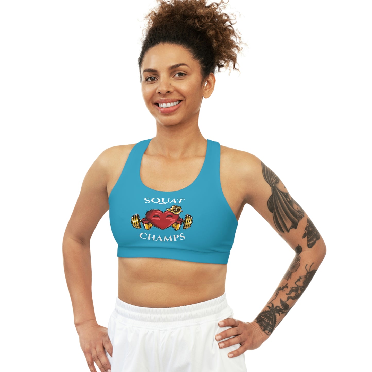 SQUAT CHAMPS - Center Logo - (Turquoise) - Seamless Sports Bra (AOP)