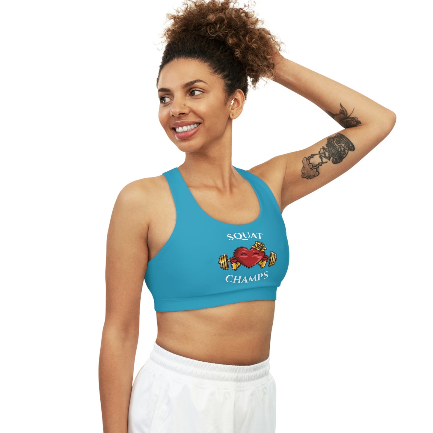 SQUAT CHAMPS - Center Logo - (Turquoise) - Seamless Sports Bra (AOP)