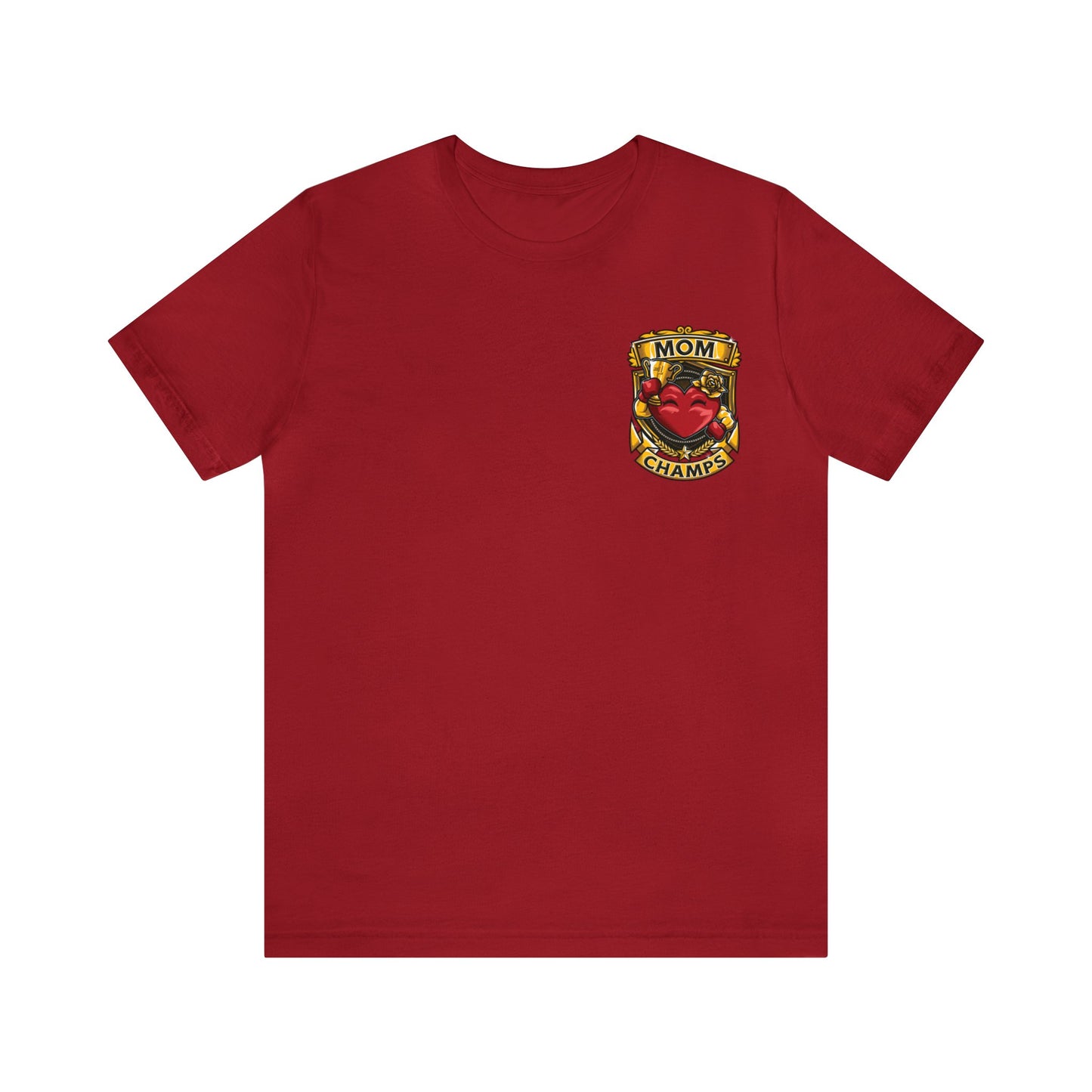 Mom Champs! (Small Front Logo & Back Design) - Unisex Jersey Short Sleeve Tee (Bella+Canvas)