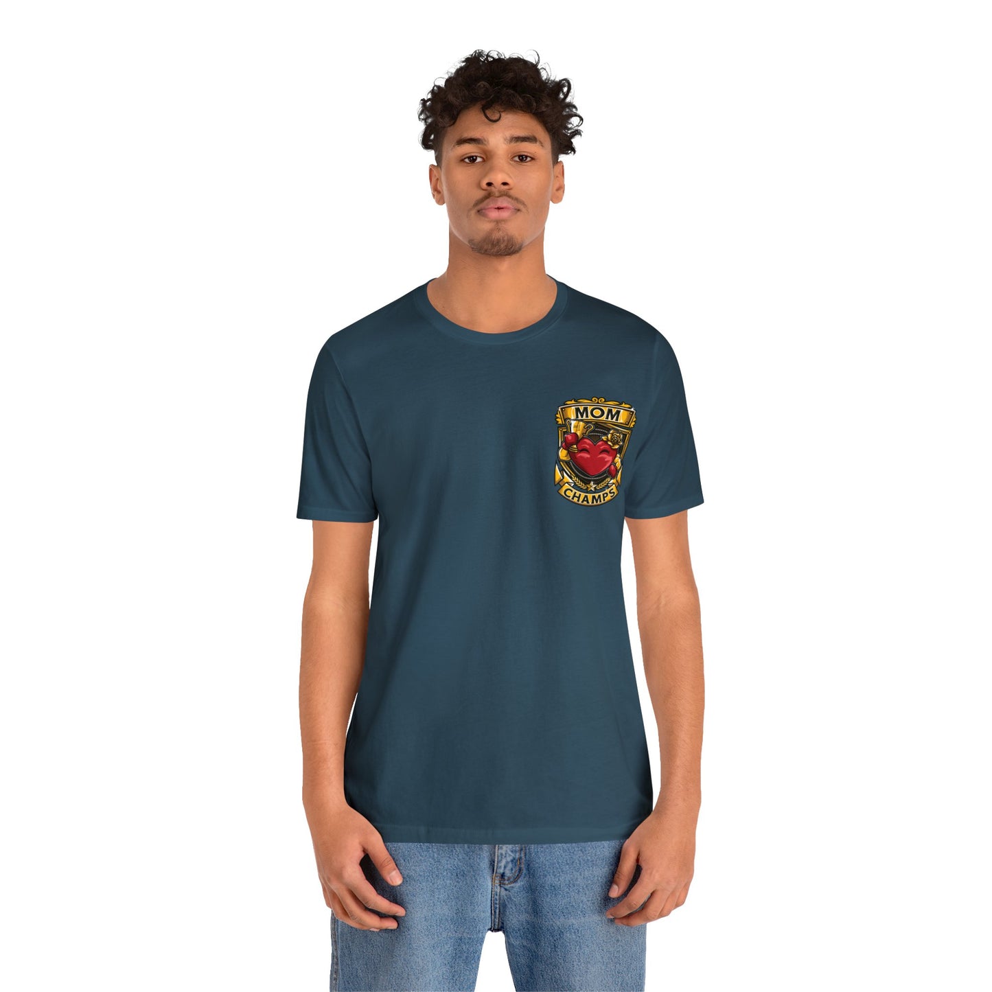Mom Champs! (Small Front Logo & Back Design) - Unisex Jersey Short Sleeve Tee (Bella+Canvas)